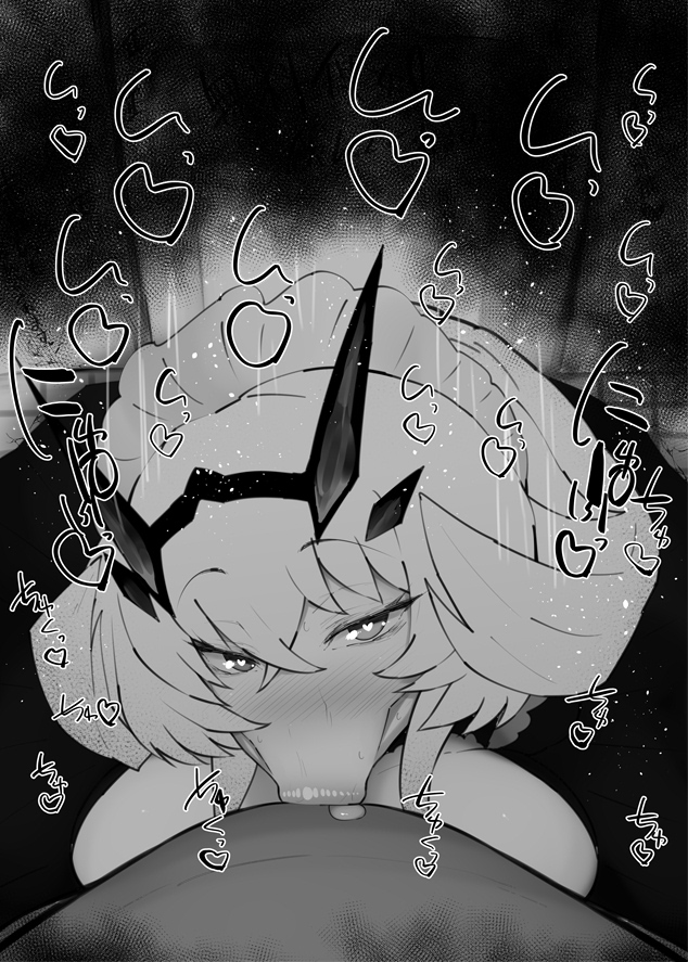 :>=, 1boy, 1girls, barghest (gawain) (fate), barghest (swimsuit archer) (second ascension) (fate), big breasts, big penis, black and white, blowjob, blush, breasts, censored, dark skin, dark-skinned male, deepthroat, demon, demon girl, detailed background, dress, drooling, eyelashes, fate (series), fate/grand order, fellatio, female, headgear, heart, heart-shaped pupils, horn, humanoid, indoor, inside, interspecies, japanese text, kurotama, long hair, looking at viewer, maid, male, male pov, oral, oral sex, penis, pov, room, saliva, shiny, shiny skin, sketch, skirt, sound effects, sweat, text, tongue, tongue out, vein, veins, veiny, veiny penis