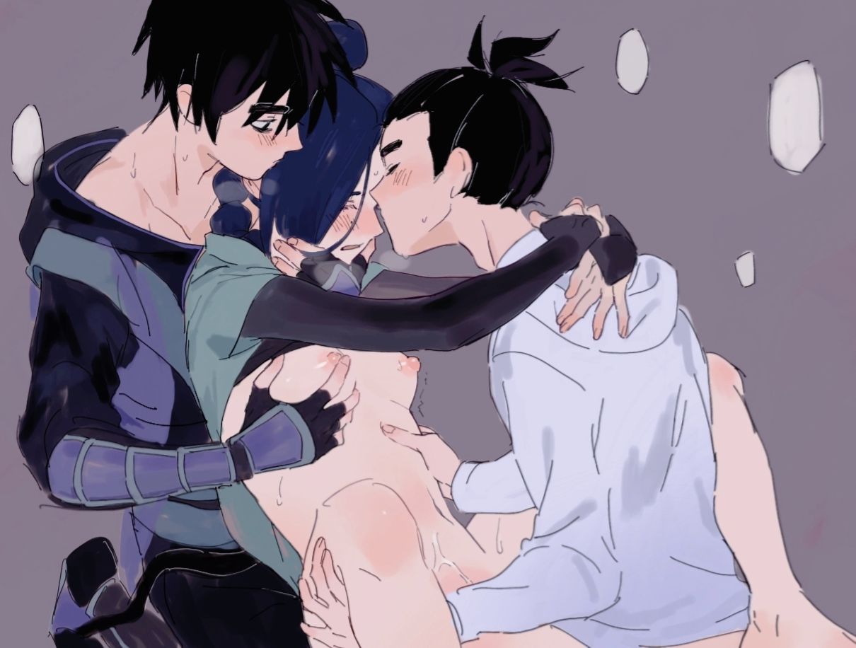 black_hair blue_hair blush blushing closed_eyes consensual cum_in_pussy cum_inside enjoying half-dressed half_naked male/female scissor_seven semi_nude seven_(scissor_seven) straight_sex thirteen_(scissor_seven) threesome