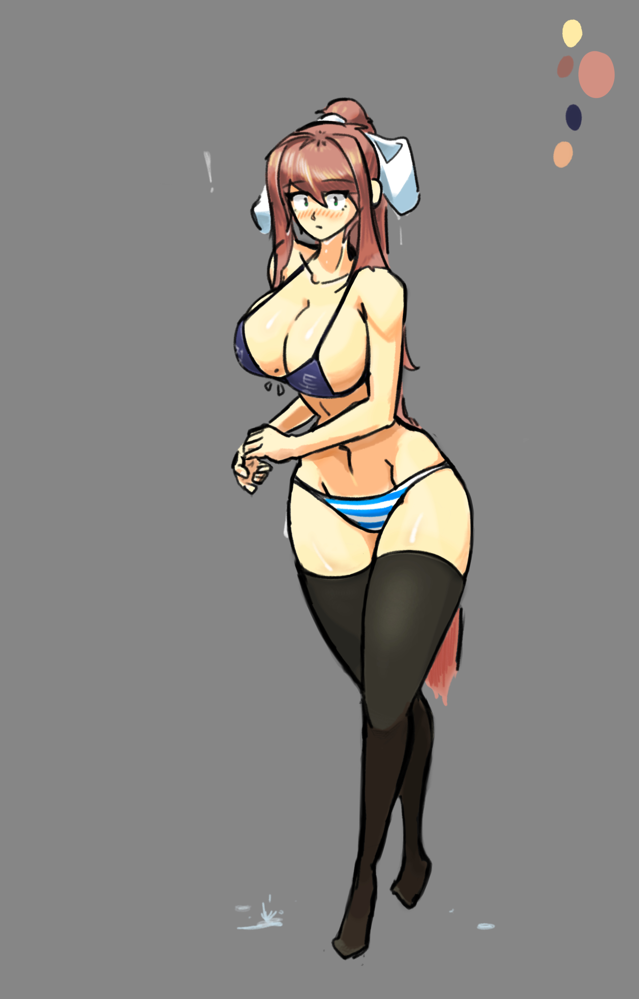 !, bare shoulders, big breasts, black bikini, black stockings, blush, blush lines, blushing, blushing at viewer, breasts, brown hair, cleavage, clothes, clothing, doki doki literature club, emptyskull302, female, female focus, female only, green eyes, large breasts, long hair, monika (doki doki literature club), navel, panties, pantsu, shimapan, solo, solo female, solo focus, striped panties, thick thighs, thigh highs, wet, wet body, wet hair, white bow