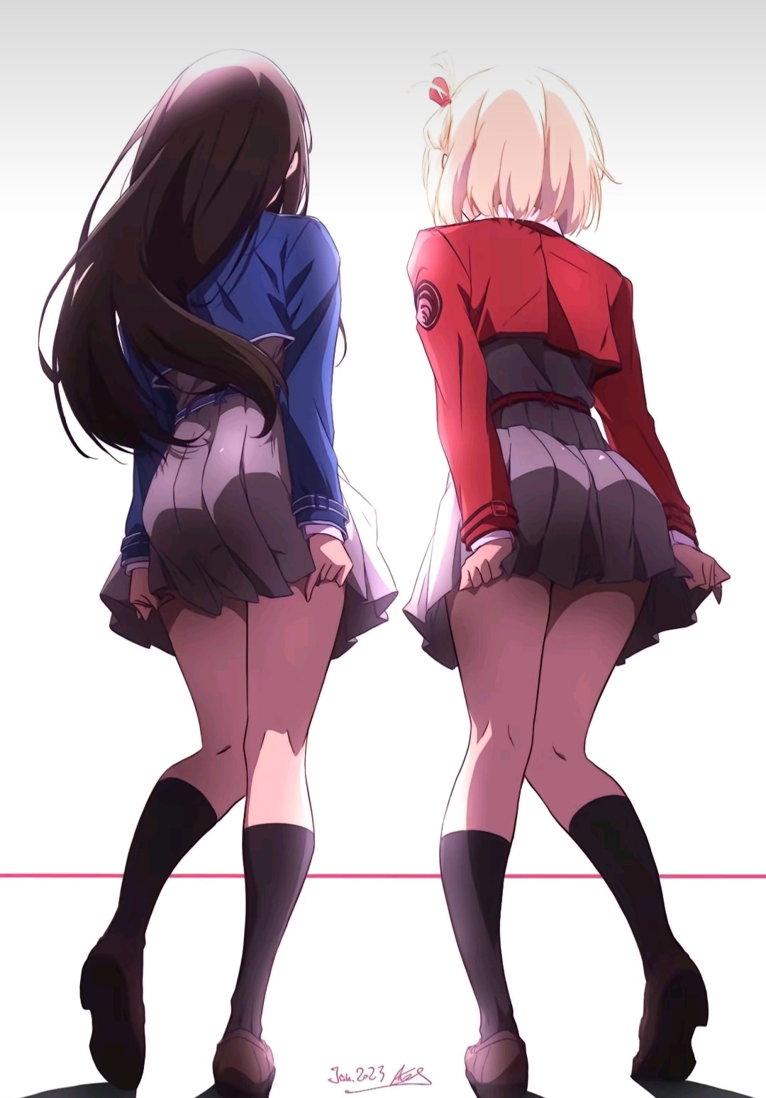2girls, ass, ass focus, back view, black hair, black shirt, black socks, blonde hair, blue jacket, bubble ass, bubble butt, female, from behind, full body, grey skirt, highres, inoue takina, jacket, long hair, lycoris recoil, miniskirt, multiple females, multiple girls, nishikigi chisato, official art, rear view, red jacket, red ribbon, ribbon, round ass, shirt, short hair, simple background, skirt, skirt tug, socks, tagme, very long hair, white background
