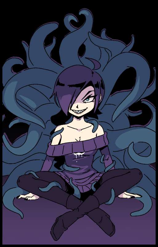 1girls black_background black_boots black_legwear black_nails blue_eyes clothed derpixon evil_grin grin imminent_sex legs_crossed one_eye_obstructed pale_skin pants purple_body purple_hair sharp_teeth shoes sitting sweater tentacle tentacles_around_legs zone-tan