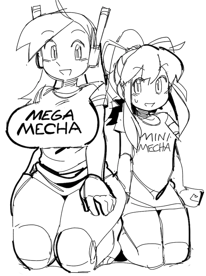 2girls capcom cave_story crossover curly_brace english_text humanoid mega_man mega_man(classic) monochrome robot robot_girl robot_humanoid roll text text_on_clothing wamudraws