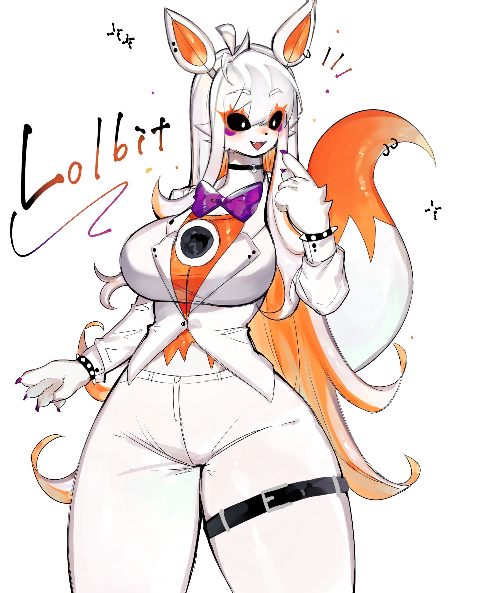 1girls, anthro, belly, belt, big breasts, blush, bowtie, breasts, cheeks, clothed, clothing, ear, eyebrows, eyebrows visible through hair, eyelashes, eyes, fangs, female, female only, five nights at freddy's, five nights at freddy's: sister location, fnaf, hair, human, humanization, humanized, humanized animatronic, lolbit (fnaf), mouth, nose, open mouth, rule 63, scottgames, solo, spiked collar, spikes, tail, teeth, text, thick thighs, toge77789, togetoge, tongue, url