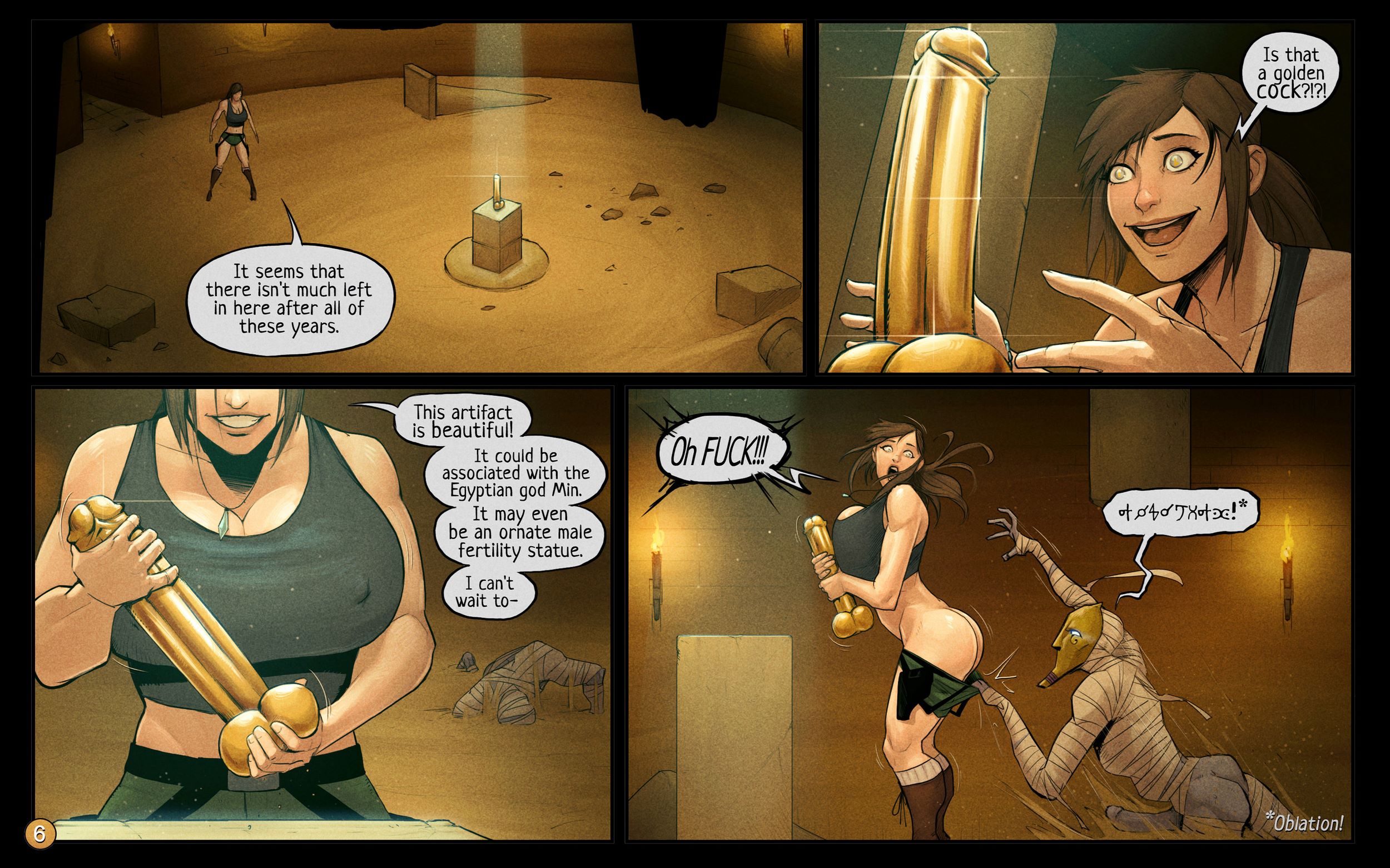 big dildo, breasts, clothing, comic, devil hs, dildo, english text, female, fit, fit female, gold (metal), gold dildo, hourglass figure, huge breasts, human, lara croft, lara croft (survivor), male, mummy, page 6, pale skin, tomb raider, tomb raider (survivor)