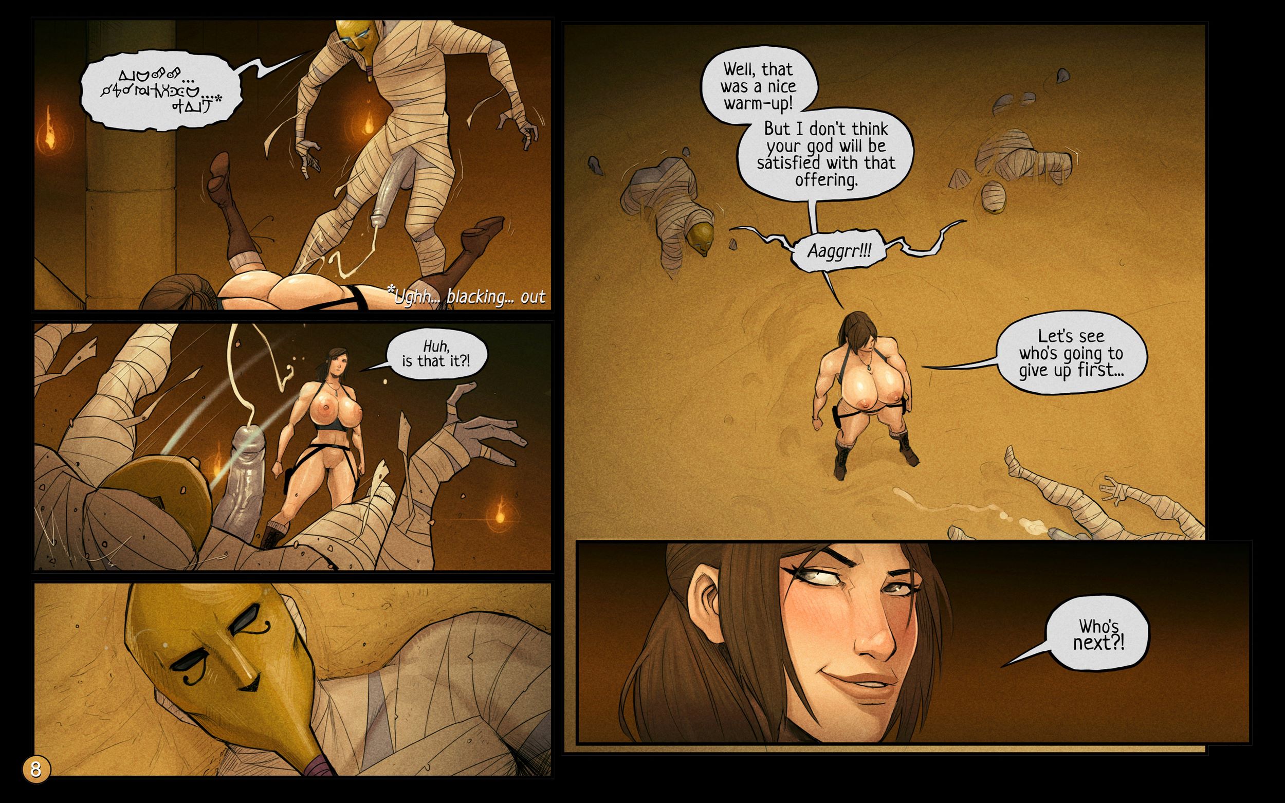 3boys, big penis, breasts, comic, cumshot, devil hs, english text, exhaustion, female, fit, fit female, hourglass figure, huge breasts, lara croft, lara croft (survivor), male, mummy, page 8, penis, tomb raider, tomb raider (survivor)