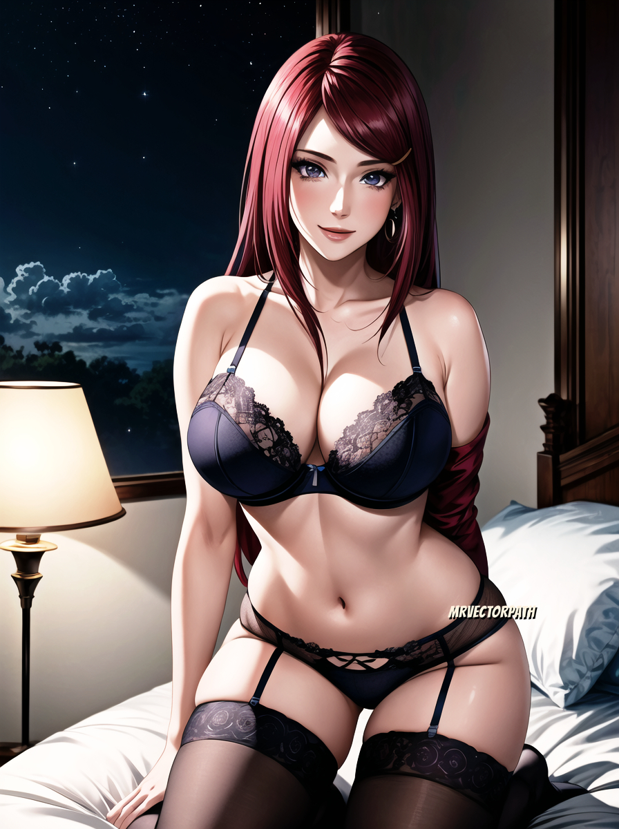 1girls, 2023, ai generated, armpits, beach, bed, bedroom, big breasts, blue eyes, blush, blush lines, blushing at viewer, breasts, city, collarbone, female, female focus, female only, garter straps, high resolution, highres, hips, hourglass figure, lingerie, lingerie bra, lingerie only, long hair, looking at viewer, moon, mrvectorpath, naruto, naruto (series), naruto shippuden, navel, night, parted lips, red hair, self upload, sitting, sitting on bed, skyscraper, solo, solo female, solo focus, stable diffusion, stockings, tagme, thighs, toned, toned body, toned female, uzumaki kushina