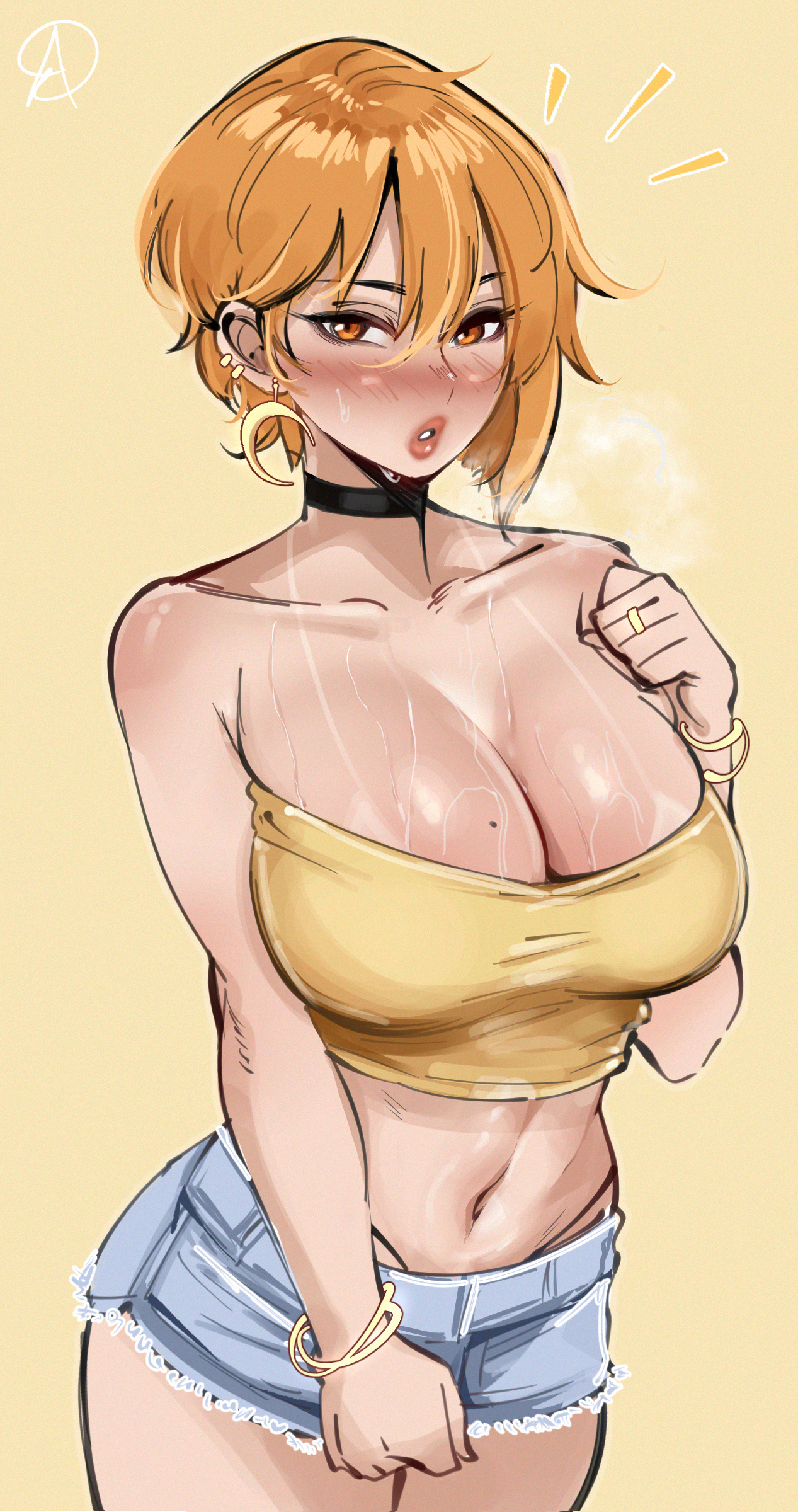 1girls, almualim, alternate version available, breasts, female, huge breasts, light skin, light-skinned female, orange hair, original, original character, short hair, shorts, tank top, tanlines