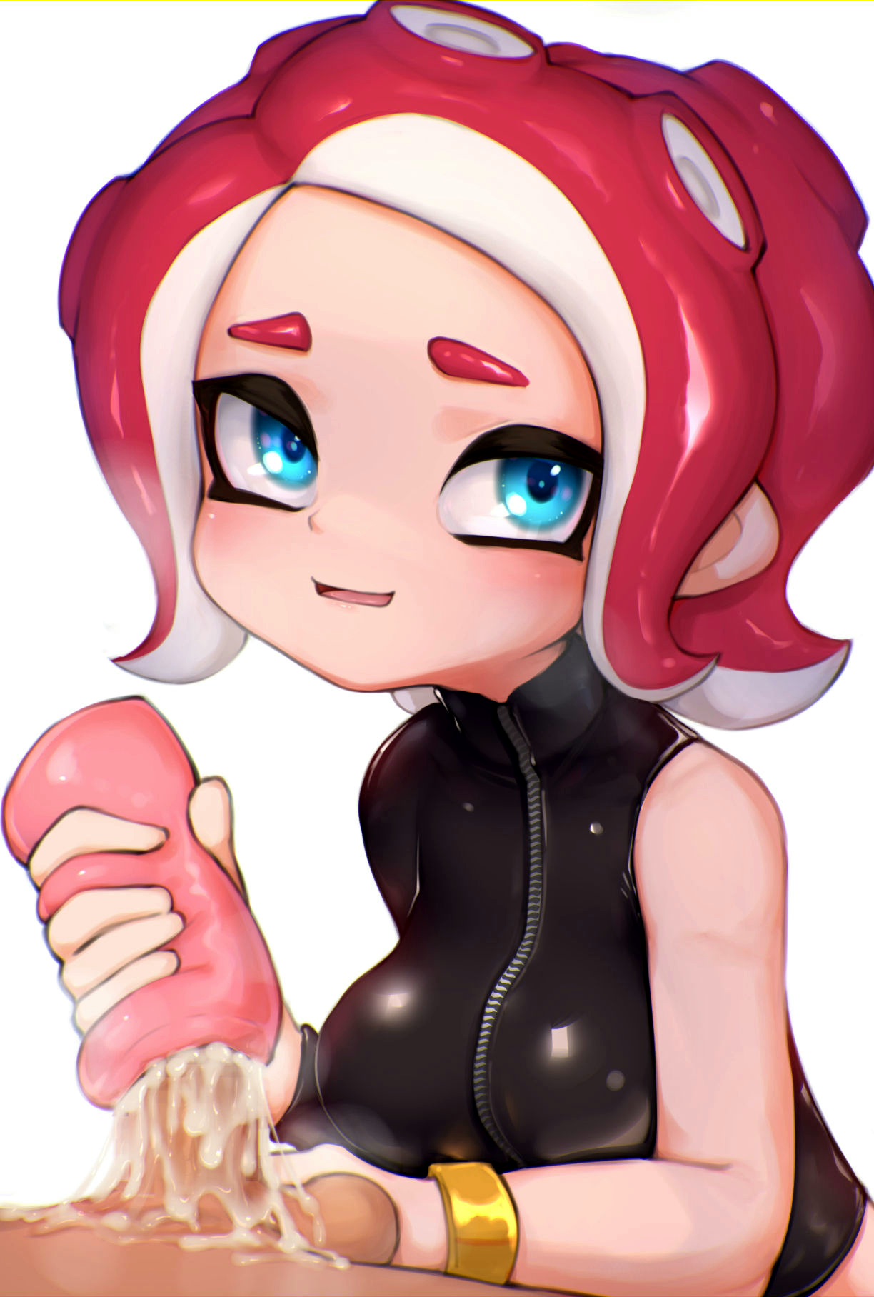 1boy, 1girls, agent 8 (splatoon), balls, bodysuit, caressing balls, caressing testicles, cum, dark skin, dark-skinned male, female, fleshlight, handjob, handjob w/sex toy, hizake, kashu (hizake), male, octoling, penetrable sex toy, penis, pink hair, pink tentacles, rubber topwear, sex toy, splatoon, splatoon (series), splatoon 2, splatoon 3, tan body, testicles, upper body
