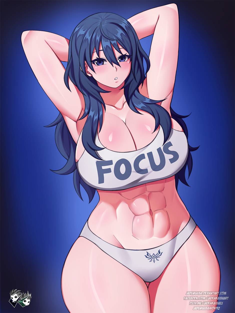 1girls abs armpits arms_up bare_midriff bare_thighs blue_hair breasts byleth_(fire_emblem) byleth_(fire_emblem)_(female) cleavage crest_(fe3h) english_text female fire_emblem fire_emblem:_three_houses huge_breasts jadenkaiba light-skinned_female light_skin long_hair midriff navel nintendo panties png remake sports_bra tank_top text text_on_clothing thick_thighs thighs toned underwear white_panties