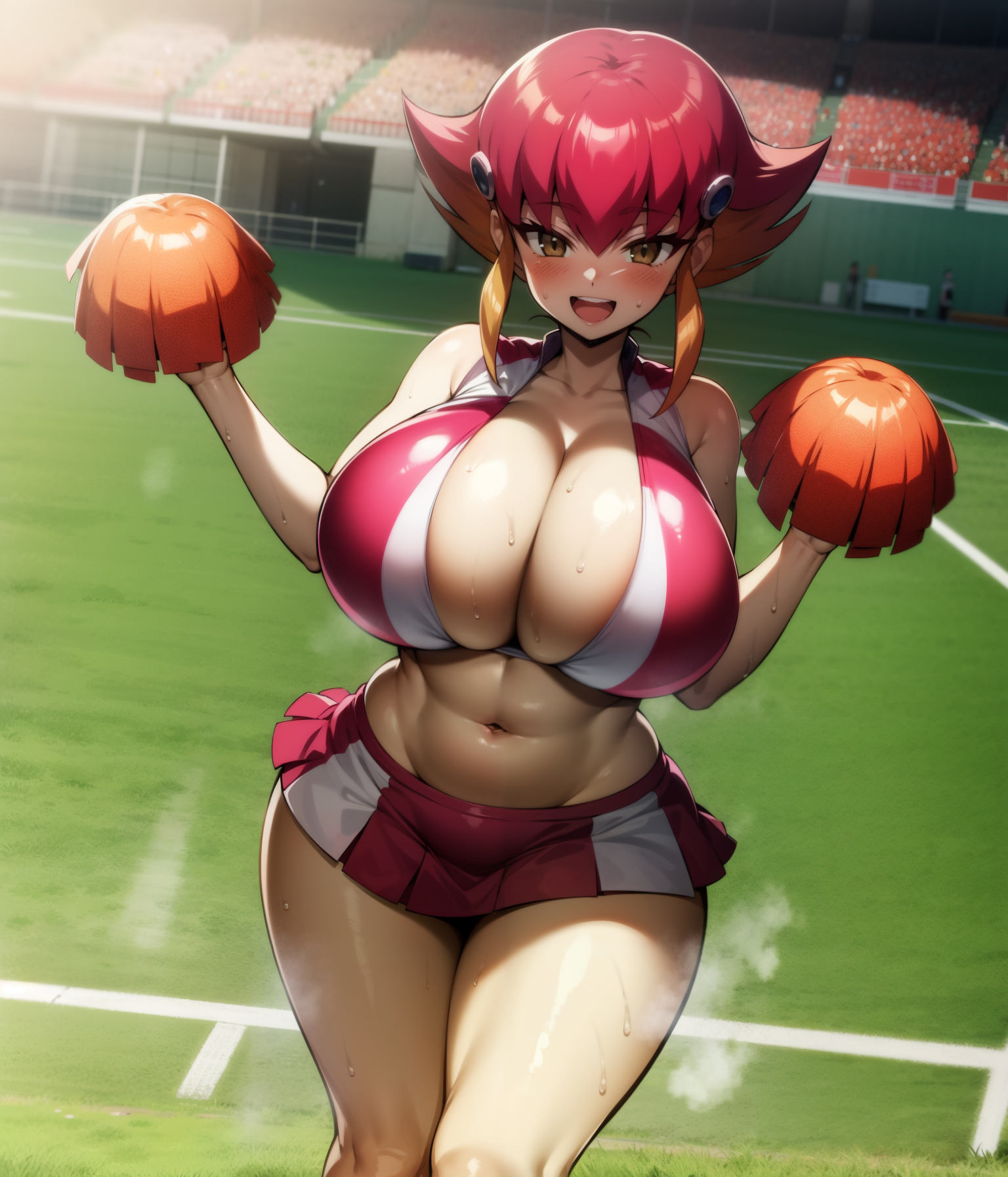 ai generated, anna kozuki, big breasts, bimbo, blush, breasts, cheerleader uniform, curvy, eroeroai, female, female only, gigantic breasts, huge breasts, large breasts, looking at viewer, navel, red hair, smile, voluptuous, yu-gi-oh!, yu-gi-oh! zexal