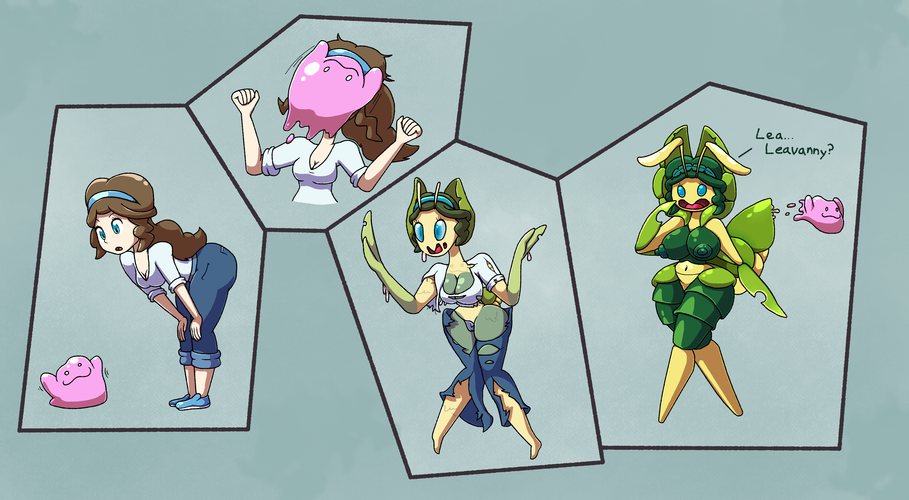 big ditt (chabble), chabble, comic, ditto, ditto (pokemon), female, leavanny, mother (pokemon bw), pokemon, pokemon (species), pokemon bw, species transformation, transformation, transformation sequence