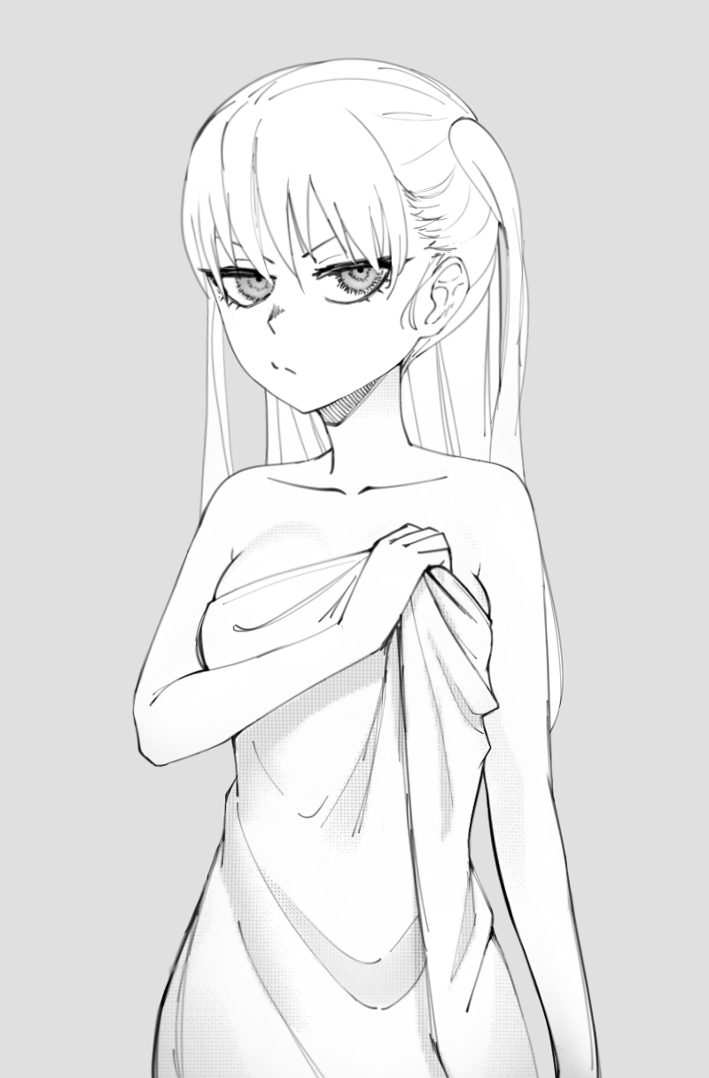 1girls big_breasts breasts charliezowo_(artist) cleavage clothed clothing covering_breasts female female_focus female_only long_hair looking_at_viewer machida_(nagatoro) monochrome please_don't_bully_me,_nagatoro pose revealing_clothes simple_background solo towel white_background