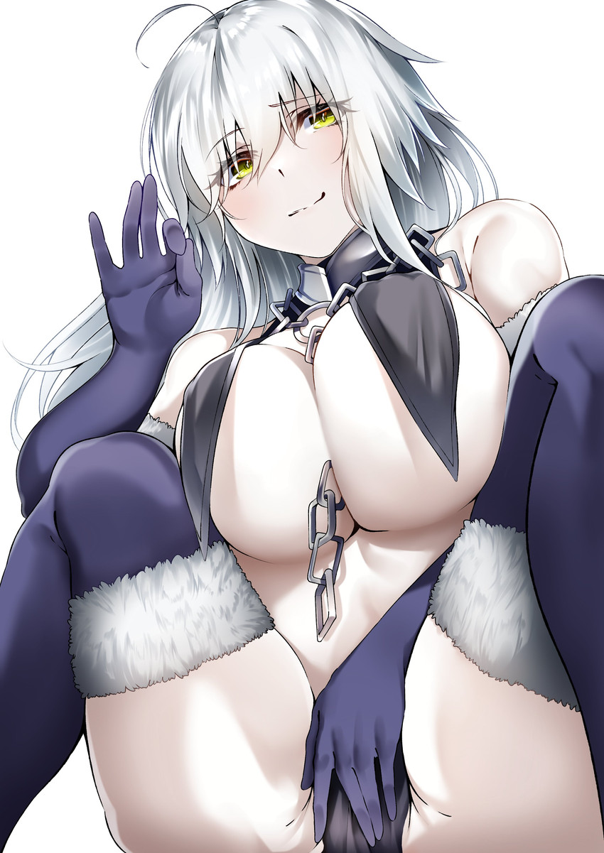 1girls, breast curtains, breasts, fate (series), fate/grand order, fellatio gesture, female, jeanne alter, jeanne d'arc (fate), large breasts, len (hand linke), long hair, m legs, solo, spread legs, thighhighs, white hair