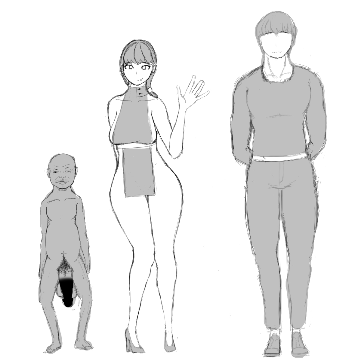 1girls, 2boys, balls, black hair, breasts, censored, cuck, cuckold, curvy figure, dress, female, huge balls, huge breasts, inminent sex, interracial, large penis, looking at viewer, male, manmanmanyiac, monochrome, naked, netorare, ntr, original, original character, penis, ponytail, pubic hair, standing, ugly bastard