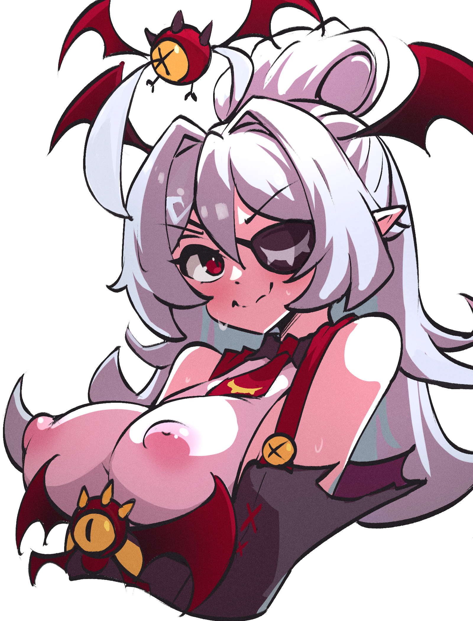 ahoge, areolae, bebatch, big breasts, breasts, elf ears, eye patch, female, geega, large breasts, nipples, puffy nipples, smile, solo, sweat, sweatdrop, sweating, sweaty, twitch, virtual youtuber, vshojo, white hair