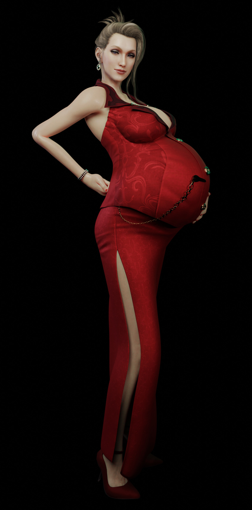 1girls 3d belly_focus big_belly blonde_hair blue_eyes breasts clothed clothed_female earrings female female_only final_fantasy final_fantasy_vii final_fantasy_vii_remake high_heels holding_belly huge_belly long_legs massive_belly milf necklace pregnant presenting_belly scarlet_(ffvii) showing_off smirk zero-thl