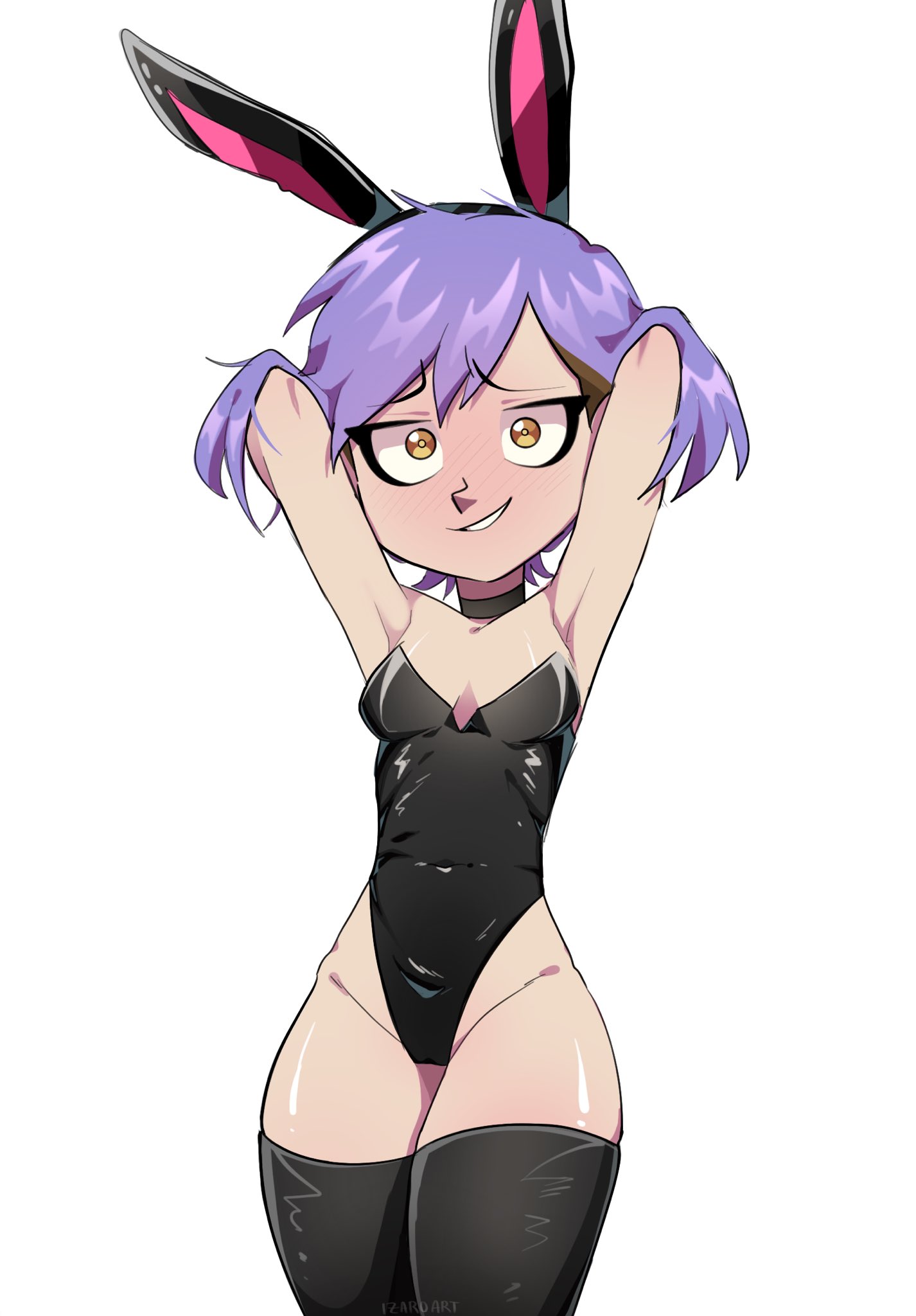 1girls, amity blight, blush, blush lines, bunny ears, bunnysuit, disney, disney channel, female, female only, izaroart, no watermark, pose, posing, purple hair, smile, solo, the owl house, thighs