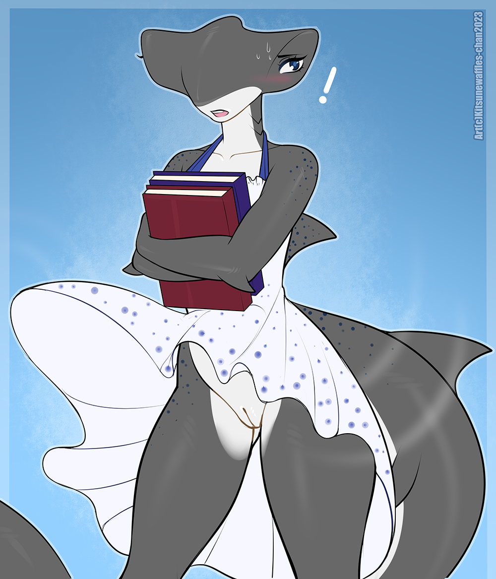 abigail_(hazardtime) anthro blue_eyes bodily_fluids book bottomless clothed clothing dress female fin fish freckles genitals gills grey_body grey_skin ground_shark hammerhead_shark holding_book holding_object kitsunewaffles-chan long_tail looking_at_viewer marine no_underwear open_mouth pussy shark solo sweat sweatdrop tail tail_fin