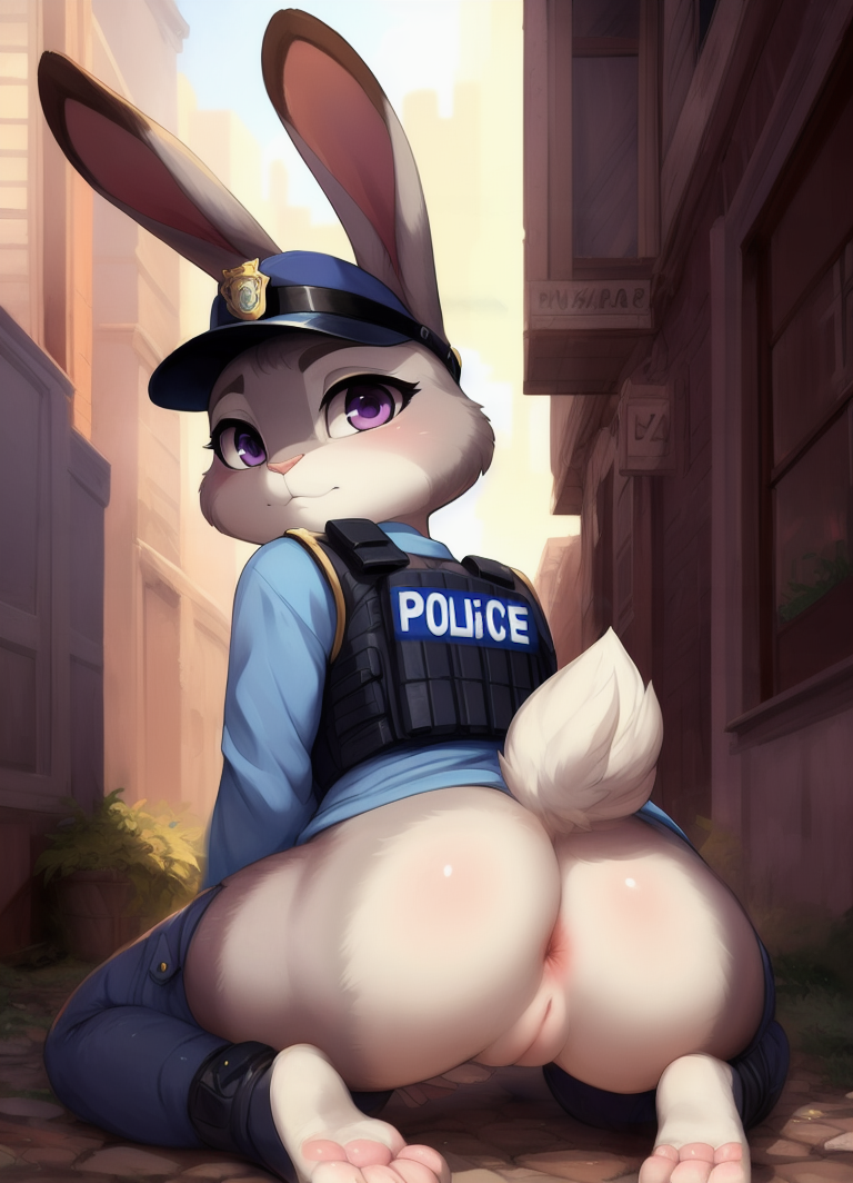 ai_generated anthro ass asshole blush bunny_ears bunny_girl bunny_nose bunny_tail flashing flashing_pussy innie_pussy judy_hopps kitsuke lagomorph looking_at_viewer looking_back police police_uniform presenting presenting_anus presenting_hindquarters presenting_pussy public_nudity purple_eyes pussy raised_tail stable_diffusion zootopia