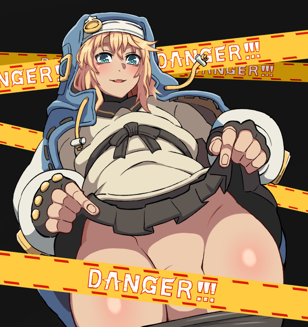 1boy, androgyne symbol, androgynous, blonde hair, bridget, bridget (guilty gear), censored, femboy, fingerless gloves, guilty gear, looking down, male, mantan, no panties, otoko no ko, penis, skirt, skirt lift, small penis, solo, thick thighs, thighs