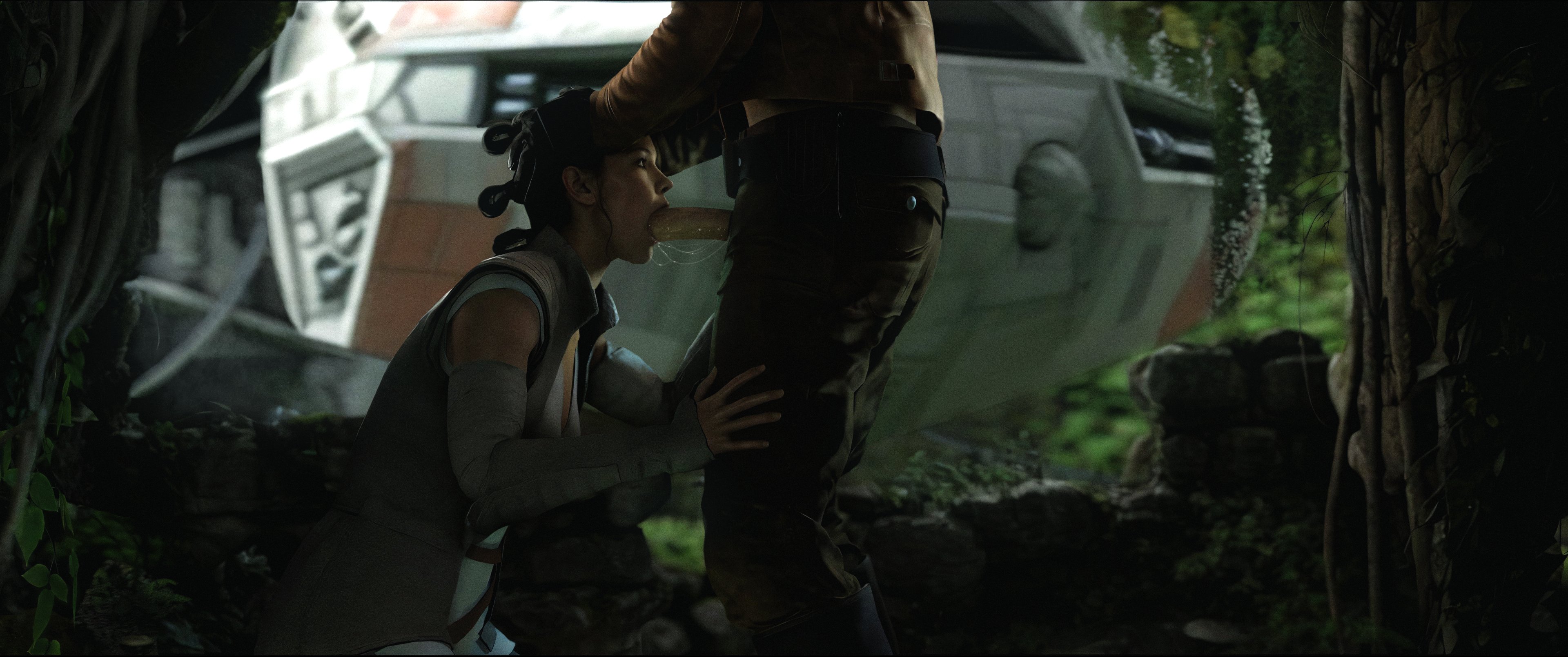 1boy, 1girls, 3d, big penis, blowjob, bproofmanhole, clothed, clothed female, clothed male, daisy ridley, fellatio, female, gloves, head grab, human, jedi, light skin, light-skinned female, light-skinned male, male, oral, oral penetration, oral sex, penis, penis in mouth, public, rey, saliva, saliva string, star wars