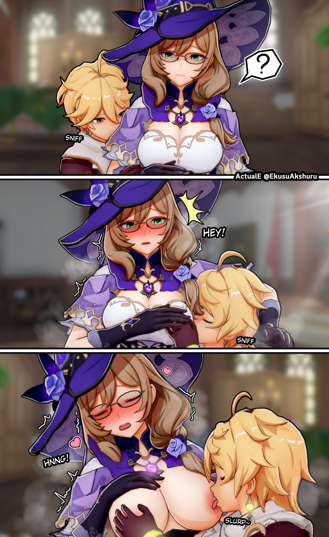 1boy, 1girls, 3d, actuale, aether (genshin impact), blonde hair, breast feeding, breast sucking, breastfeeding, breasts, female, genshin impact, gloves, holding, horny, koikatsu, lisa (genshin impact), long hair, male, mihoyo, nipple suck, nipple sucking, straight, text
