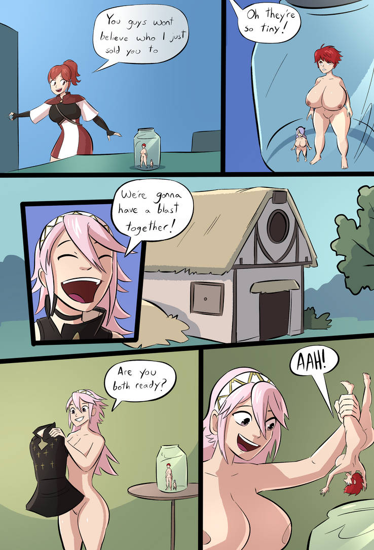 4girls anna_(fire_emblem) anna_(fire_emblem_fates) ass big_breasts breasts camilla_(fire_emblem) comic comic_page completely_nude completely_nude_female emmabrave english_text female female_only femdom fire_emblem fire_emblem_fates giantess grabbing_leg hinoka_(fire_emblem) holding_person in_jar jar large_breasts macro micro minigirl multiple_girls nintendo nipples nude open_mouth pussy shrink shrinking shrunk smile soleil_(fire_emblem) text thick_thighs thighs undressing upside-down