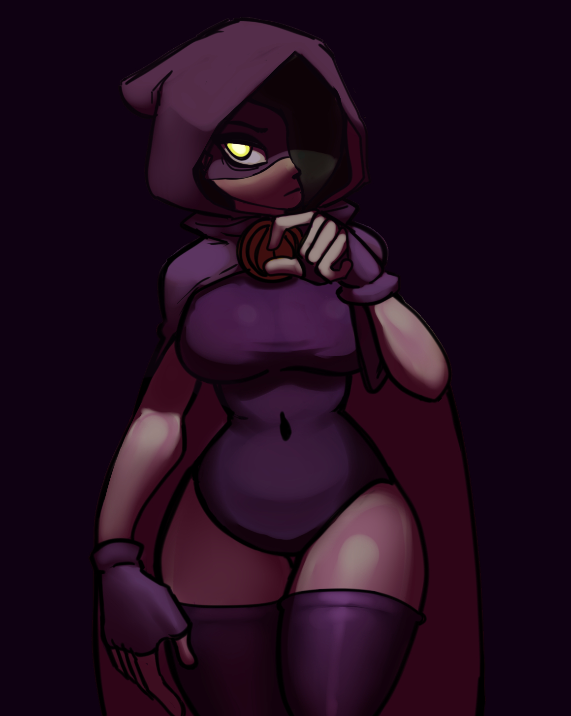 1girls, belly button, big breasts, breasts, cape, curvy, female, female only, fingerless gloves, fit, fit female, gloves, goldenabyss, green shadow (pvz), hair over one eye, hoodie, hourglass figure, human, humanoid, light skin, light-skinned female, mask, peashooter (pvz), plants vs zombies, purple background, purple gloves, revealing clothes, solo, solo female, thick, thick thighs, thigh highs, wide hips, yellow eyes