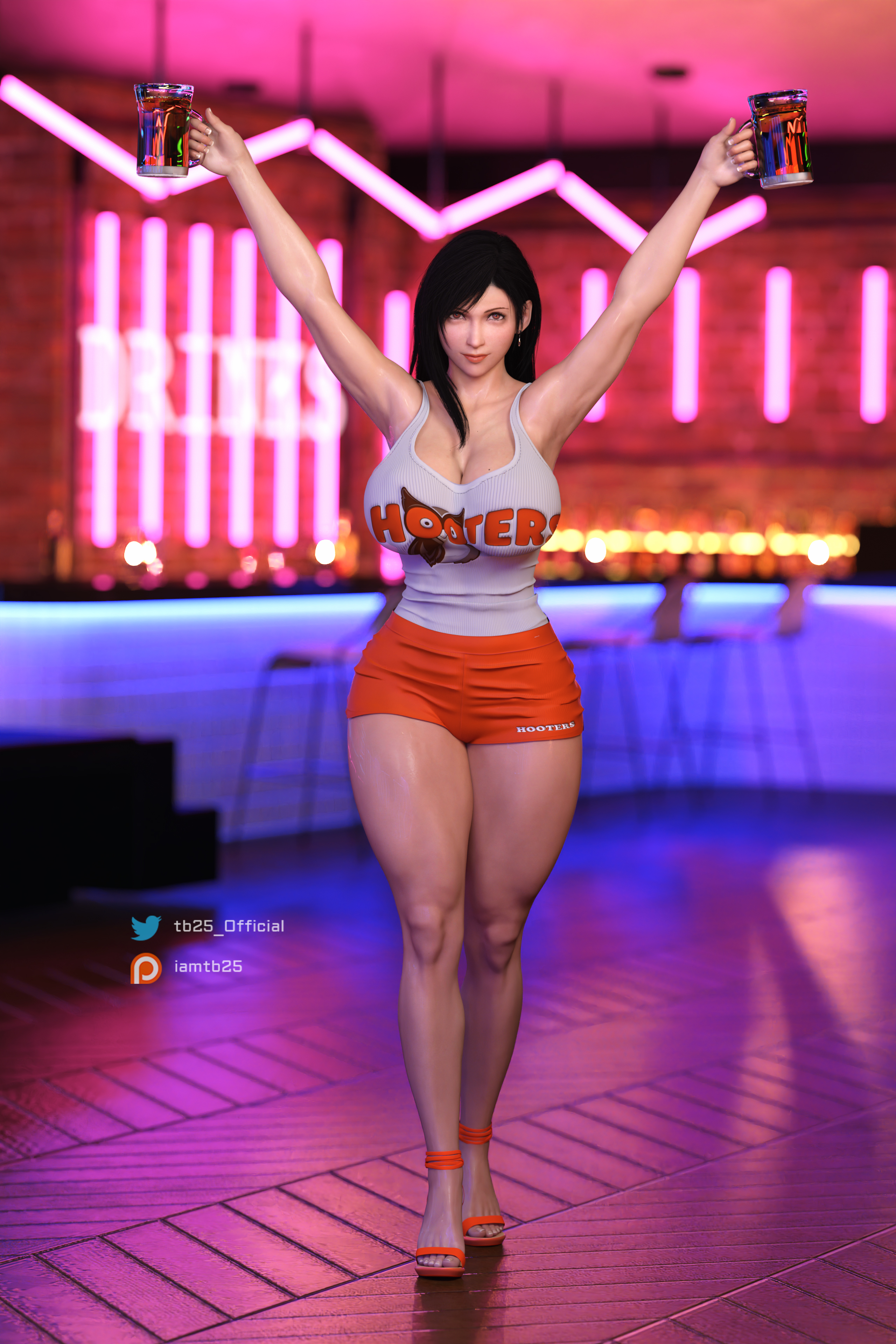 1girls, 3d, ass, big ass, big breasts, black hair, breasts, female, female only, final fantasy, final fantasy vii, final fantasy vii remake, hooters, hooters uniform, huge breasts, large breasts, long hair, looking at viewer, patreon username, short shorts, shorts, smooth skin, square enix, tagme, tb25, thick thighs, tifa lockhart, twitter username, wide hips