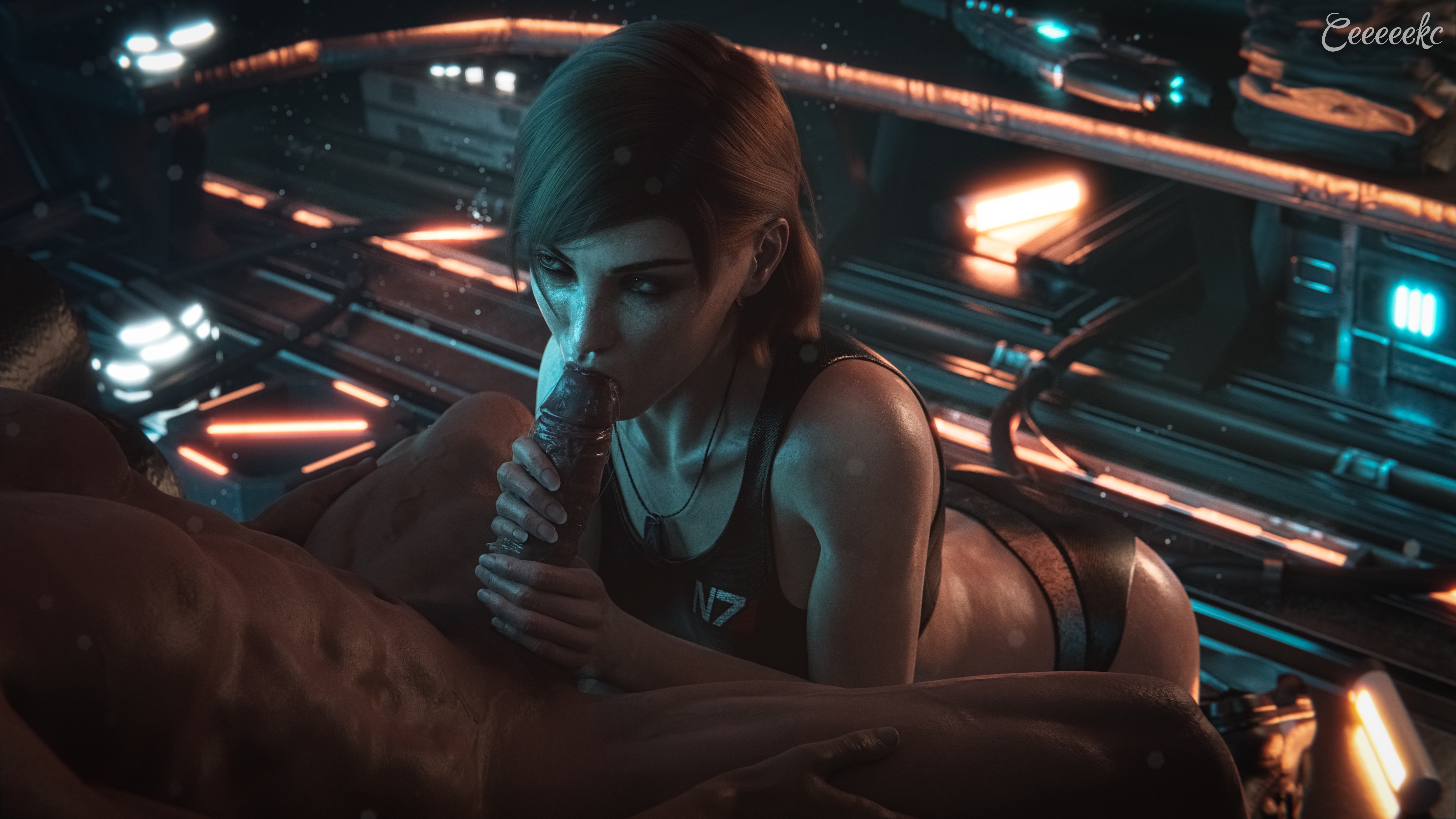 1boy, 1girls, 3d, 3d (artwork), 4k, blender, blowjob, breasts, ceeeeekc, clothed female, clothed sex, commander shepard, cum, cum drip, cum in cleavage, cum in mouth, cum on body, cum on breasts, deepthroat mark, eye contact, eyeshadow, fellatio, female, femshep, hands on hips, holding hands, light skin, light-skinned female, light-skinned male, lipstick on penis, looking at partner, looking up, makeup, male, male/female, mascara, mass effect, nude, nude female, nude male, oral, oral sex, partial male, penis, sweat