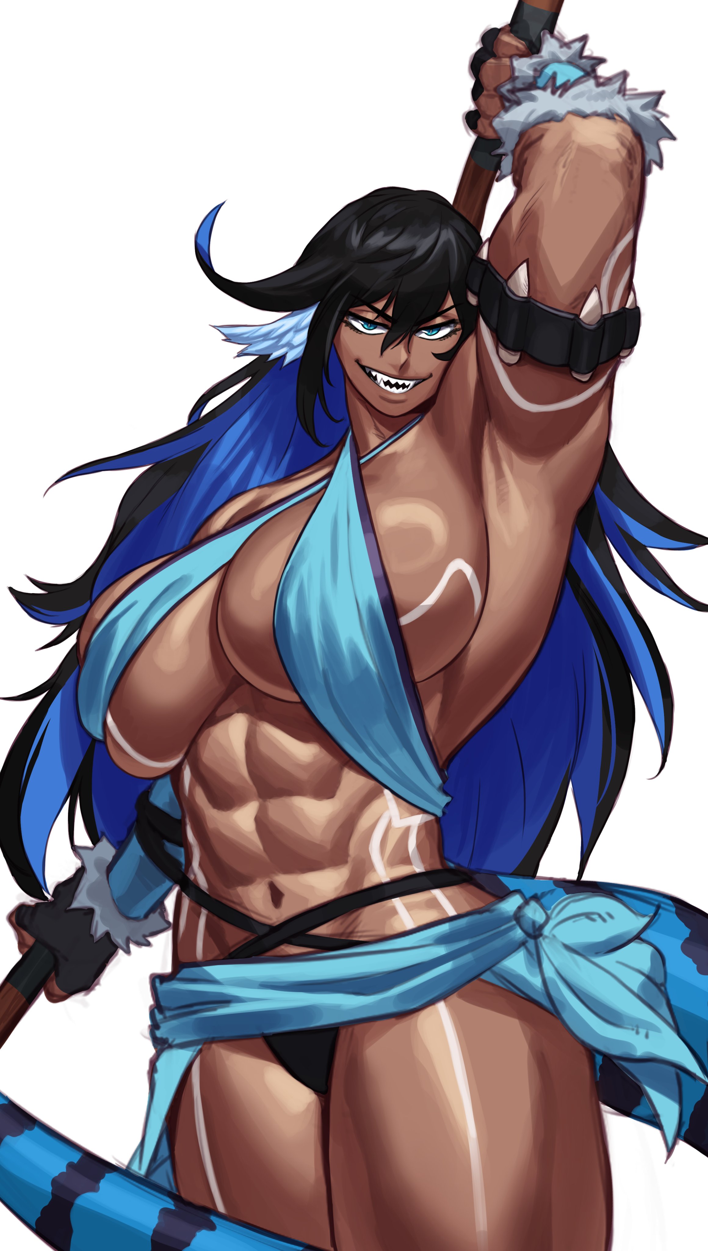 1girls, abs, absurd res, armpits, blue eyes, breasts, cleavage cutout, commission, cowboy shot, dark skin, dark-skinned female, female, hi res, holding object, huge breasts, multicolored hair, muscular, muscular female, navel, open mouth, original, sharp teeth, simple background, solo, sotcho, white background