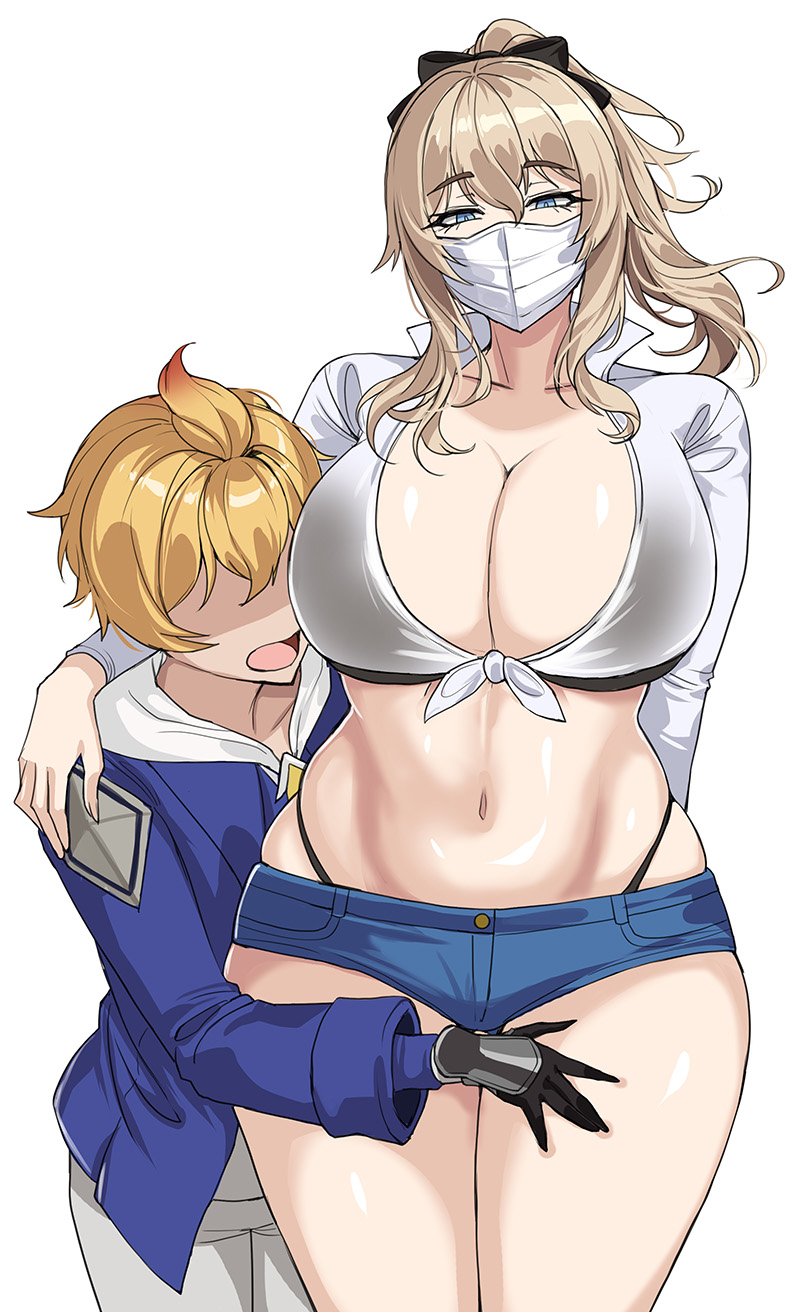 1boy, 1girls, alternate breast size, blonde hair, breasts, drogod (artist), female, genshin impact, height difference, hips, huge breasts, jean gunnhildr, light skin, light-skinned female, light-skinned male, male, mask, mika (genshin impact), ponytail, size difference, thick thighs, thighs, wide hips
