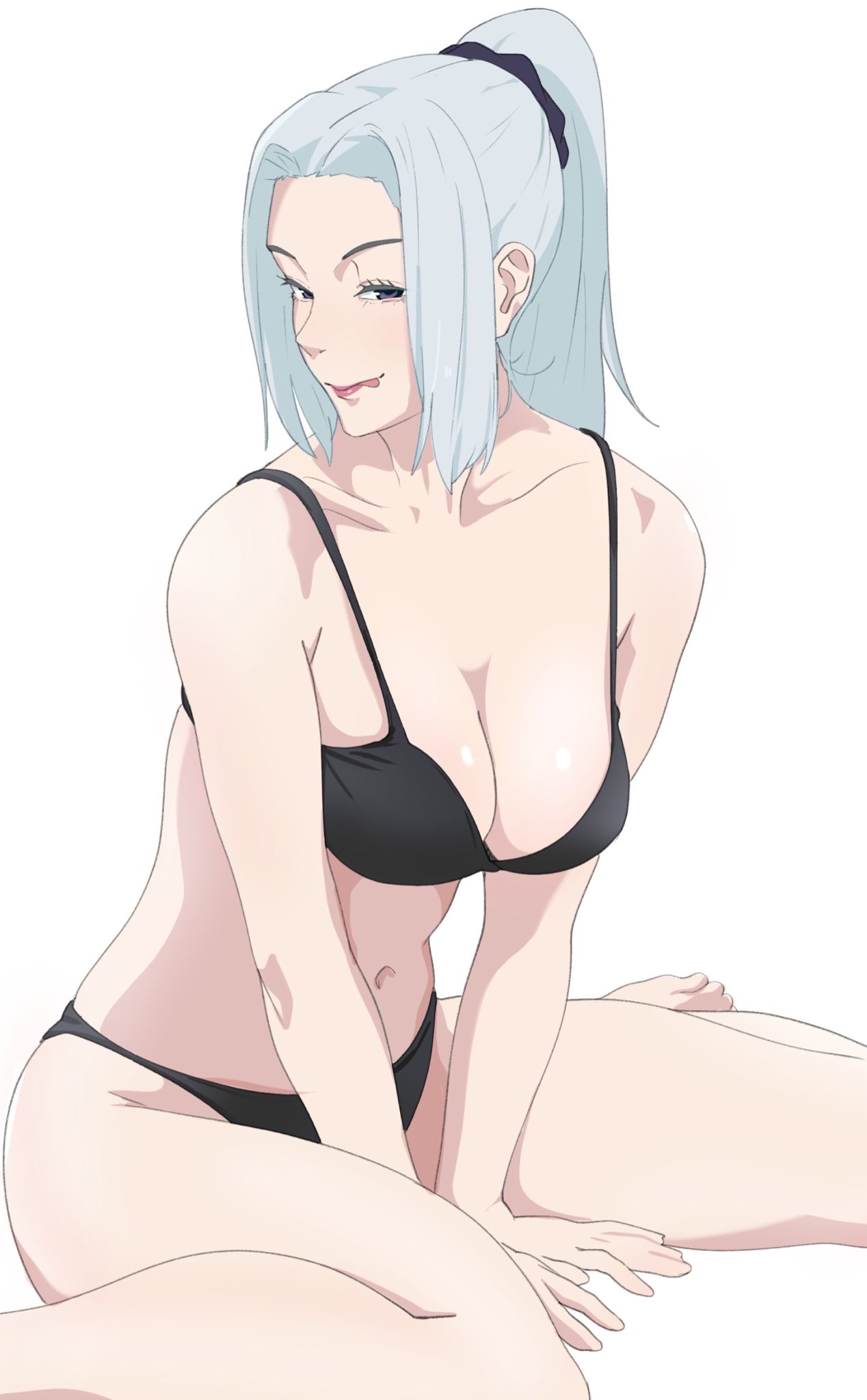 1girls belly_button big_breasts black_bra black_panties bra breasts collarbone feet feet_out_of_frame female female_focus female_only hands_between_thighs jujutsu_kaisen licking_lips light-skinned_female light_skin lips lipstick long_hair looking_at_viewer makkori_(utoxrjimlx8x49s) mei_mei_(jujutsu_kaisen) panties parted_bangs ponytail seducing seductive seductive_eyes seductive_look seductive_mouth seductive_pose seductive_smile sitting smile smiling smiling_at_viewer solo solo_female solo_focus thick_thighs thighs tongue tongue_out underwear white_hair