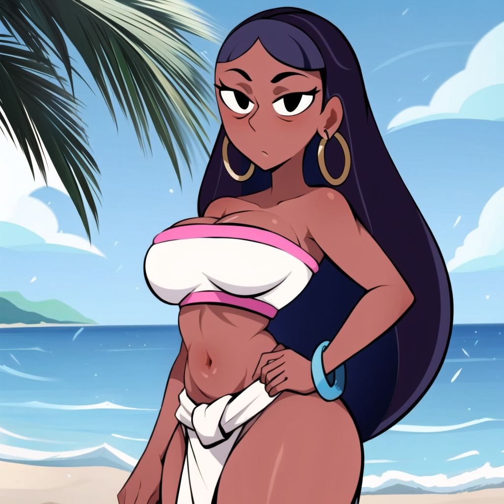 ai_generated almost_naked beach big_ass big_breasts brown_body cats62 chel_(cosplay) cosplay dark-skinned_female dark_skin hips ocean priyanka_maheswaran sand stable_diffusion steven_universe