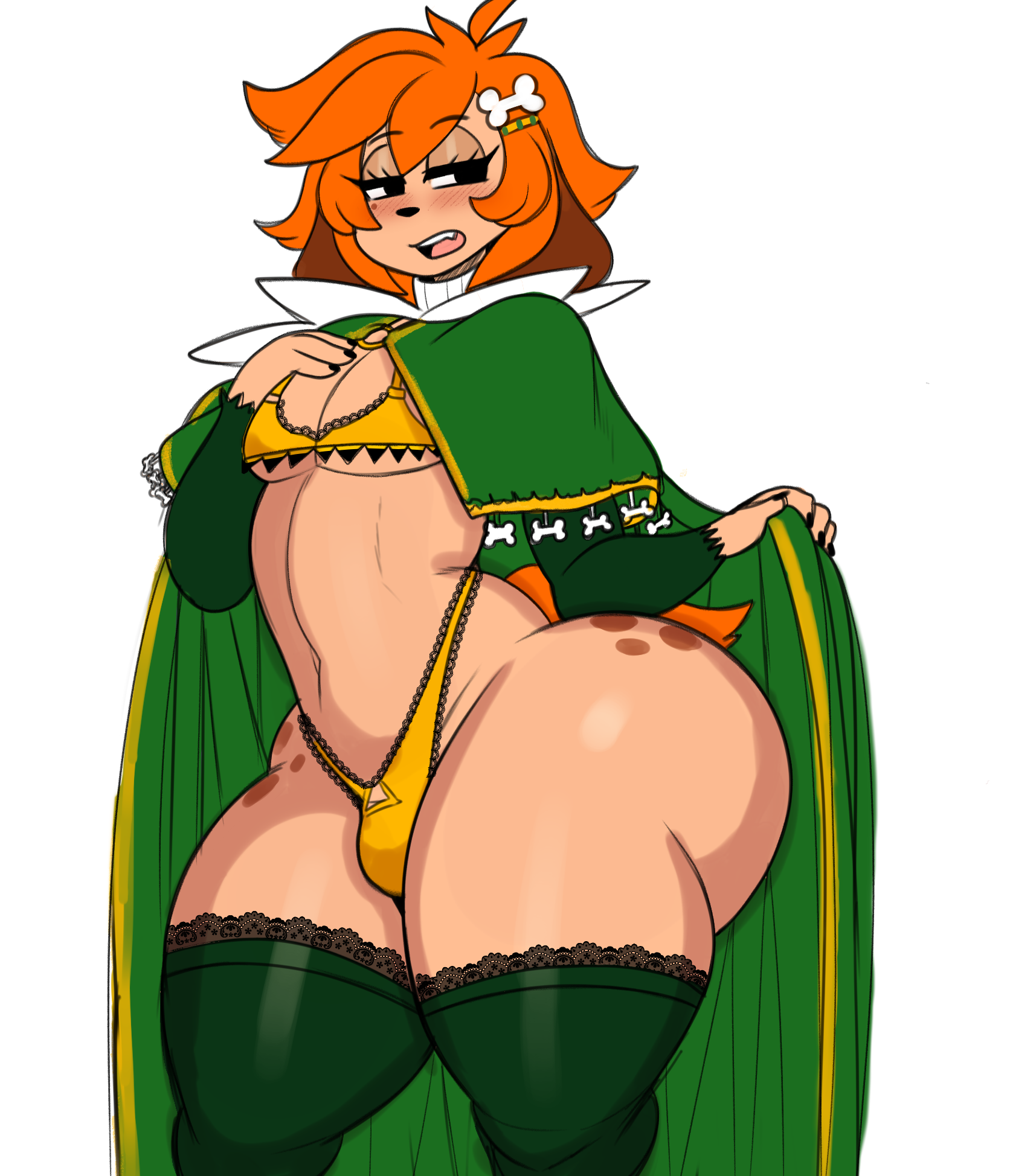 1boy, anthro, ass, big ass, bra, bubble ass, bubble butt, bulge, canine, cloak, fat ass, femboy, freckles, huge ass, inuki zu, inuzu, large ass, looking at viewer, male, male only, panties, solo, thick ass, thick thighs, thighhighs, wide hips