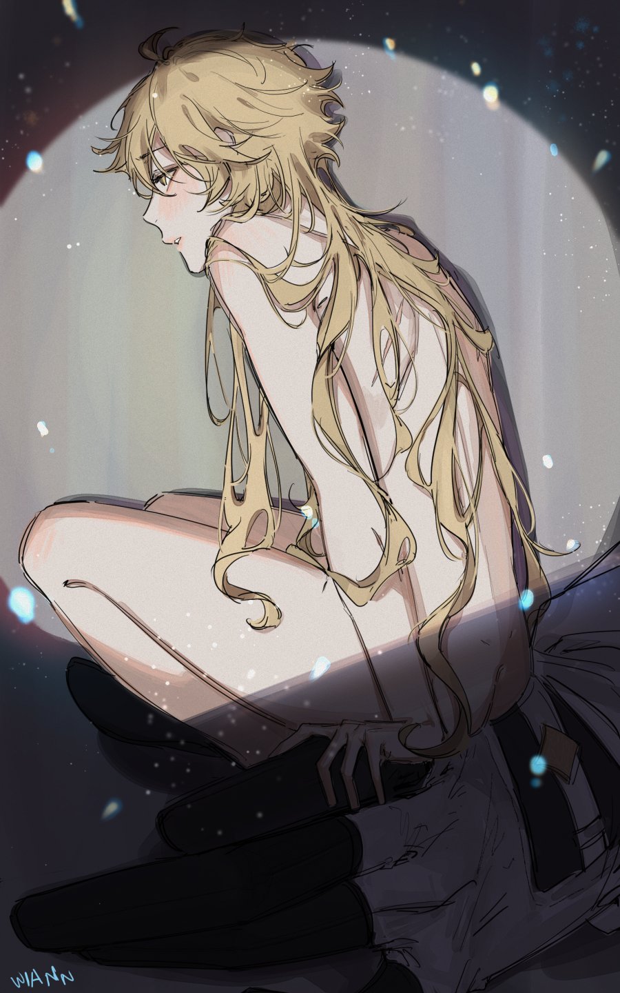 aether (genshin impact), blonde hair, femboy, genshin impact, gloves, hoyoverse, long hair, long-haired male, lyney (genshin impact), male, male only, mihoyo, naked, nude, yaoi