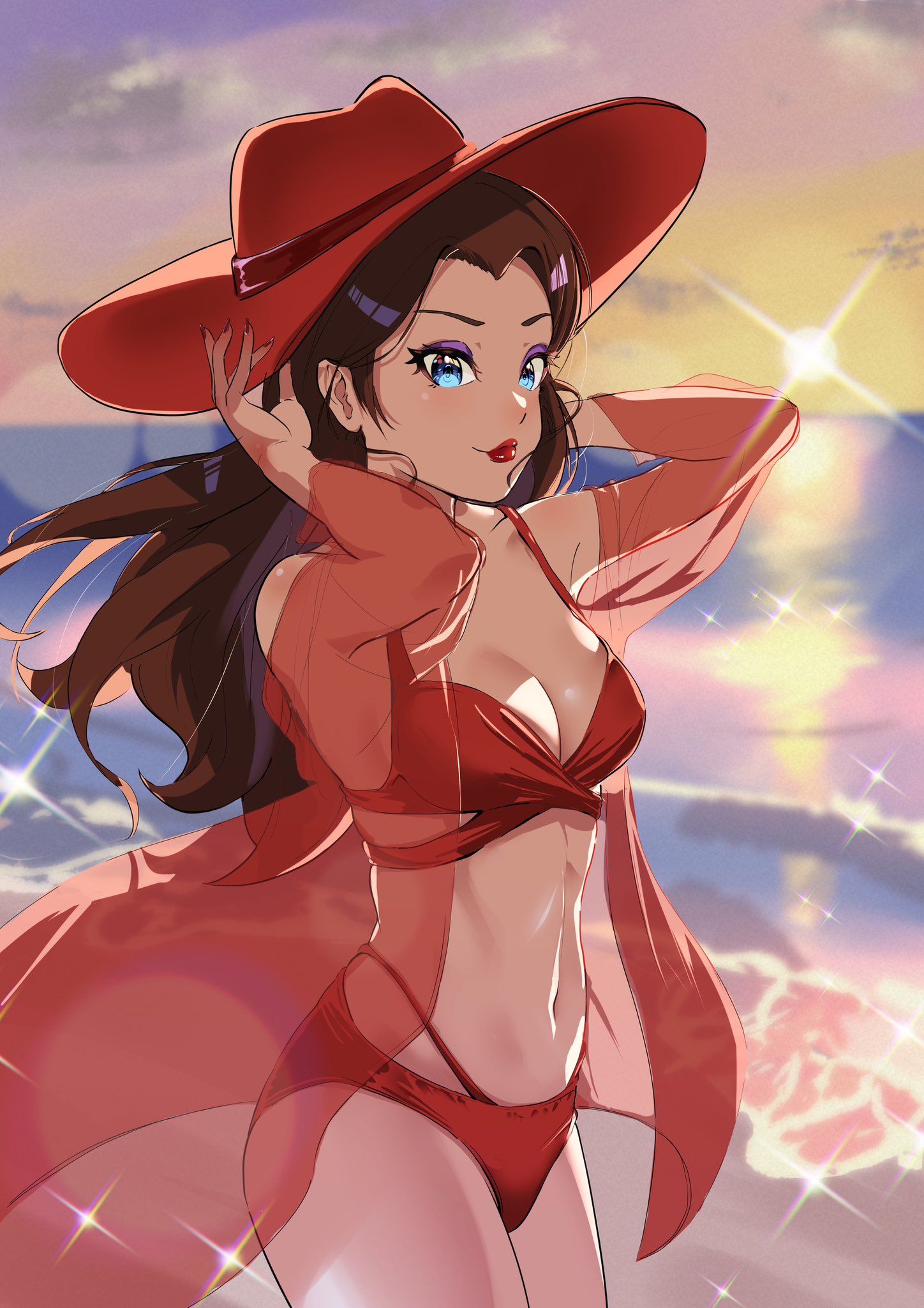 1girls, 2020s, 2023, beach, big breasts, bikini, blue eyes, breasts, brown hair, evening, female, female only, hat, kurere1202, lipstick, long hair, mario (series), nail polish, nintendo, ocean, outside, pauline, red bikini, red lipstick, red nails, smile, solo, super mario odyssey