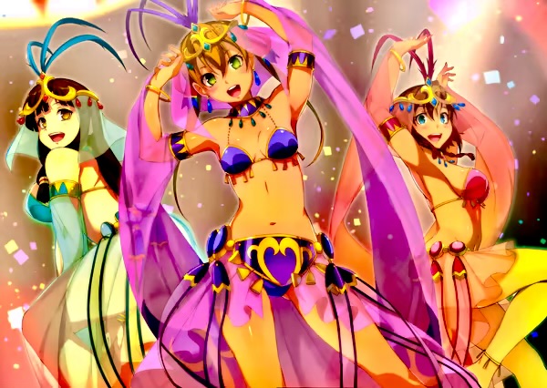 3girls amber_eyes amy_(suisei_no_gargantia) aqua_eyes arm_scarf bare_arms bare_back bare_legs bare_midriff bare_shoulders bare_thighs barefoot belly_button belly_dancer belly_dancer_outfit big_breasts bikini bikini_bottom bikini_top blonde_hair blue_bikini blue_bikini_bottom blue_bikini_top blue_bracelets blue_collar blue_feathers blue_gem blue_gemstone blue_head_gem blue_loincloth blue_silk blush bracelet brown_hair cleavage collar confetti dancer dancer_class dancer_girl dancer_girls dancer_outfit feather_in_hair feathers female gem gold_bracelets gold_headdress gold_headwear golden_bracelets golden_headwear green_bikini green_bikini_bottom green_bikini_top green_bracelet green_collar green_eyes green_feathers green_loincloth green_silk head_gem head_scarf headdress headwear loincloth long_hair medium_breasts melty_(suisei_no_gargantia) metal metal_collar midriff navel open_mouth pink_bikini pink_bikini_bottom pink_bikini_top pink_bracelet pink_collar pink_feathers pink_loincloth pink_silk red_gem red_gemstone red_head_gem saaya_(suisei_no_gargantia) see-through see-through_clothing see-through_silk see-through_skirt short_hair silk silk_loincloth silk_skirt skirt small_boobs small_breasts suisei_no_gargantia thick_thighs tied_hair underboob