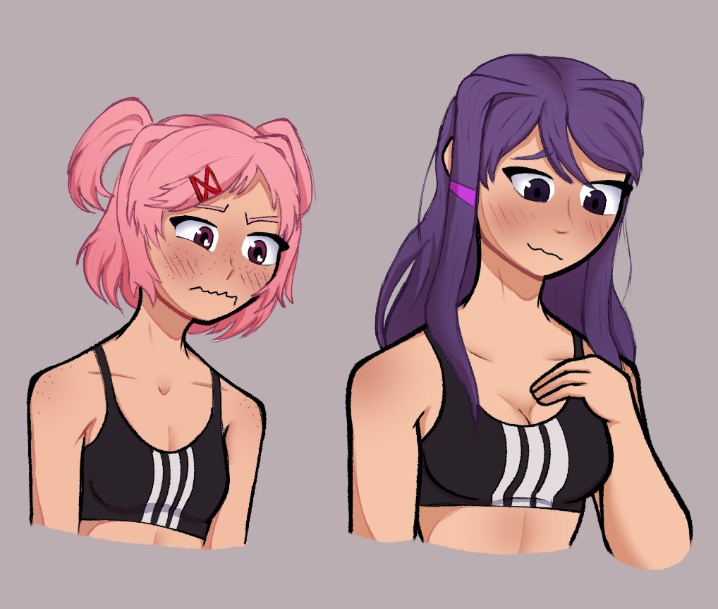 2girls bare_shoulders black_bra blush blush_lines blushing boobs bra breasts cleavage doki_doki_literature_club female female_only females females_only lesbian long_hair matching_hair/eyes matching_hair_and_eye_color matching_hair_and_eyes medium_support_(meme) meme_attire meme_clothing multiple_girls natsuki_(doki_doki_literature_club) pink_eyebrows pink_eyes pink_hair purple_eyebrows purple_eyes purple_hair short_hair shoulders sleepyacidqueen sports_bra sportswear yuri yuri_(doki_doki_literature_club)