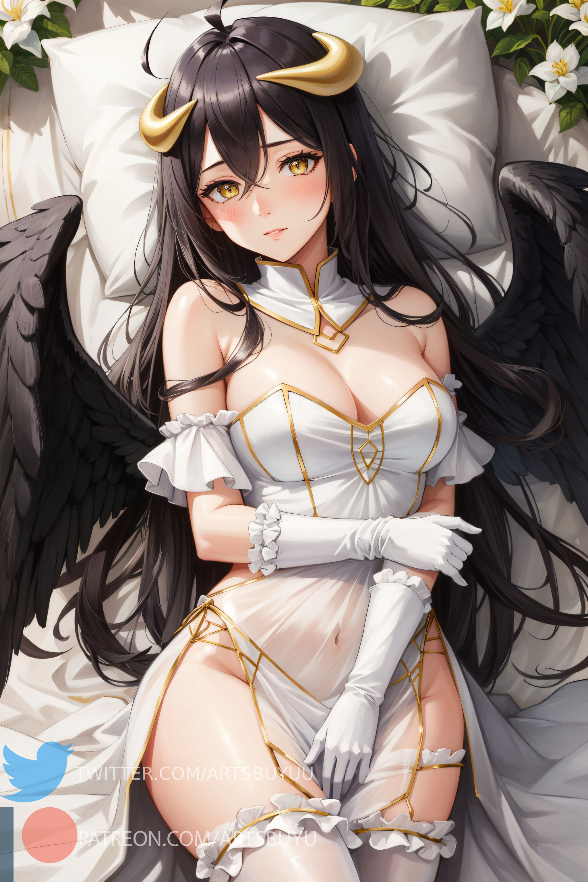 1girls, ai generated, albedo (overlord), bangs, black hair, black wings, blush, breasts, covered navel, covering crotch, demon, dress, embarrassed, female, gloves, hair between eyes, hi res, holding arm, horns, legwear, long hair, looking at viewer, lying, medium breasts, orange eyes, overlord (maruyama), sidelocks, stable diffusion, succubus, thighhighs, white dress, white gloves, white legwear, white thighhighs, wings