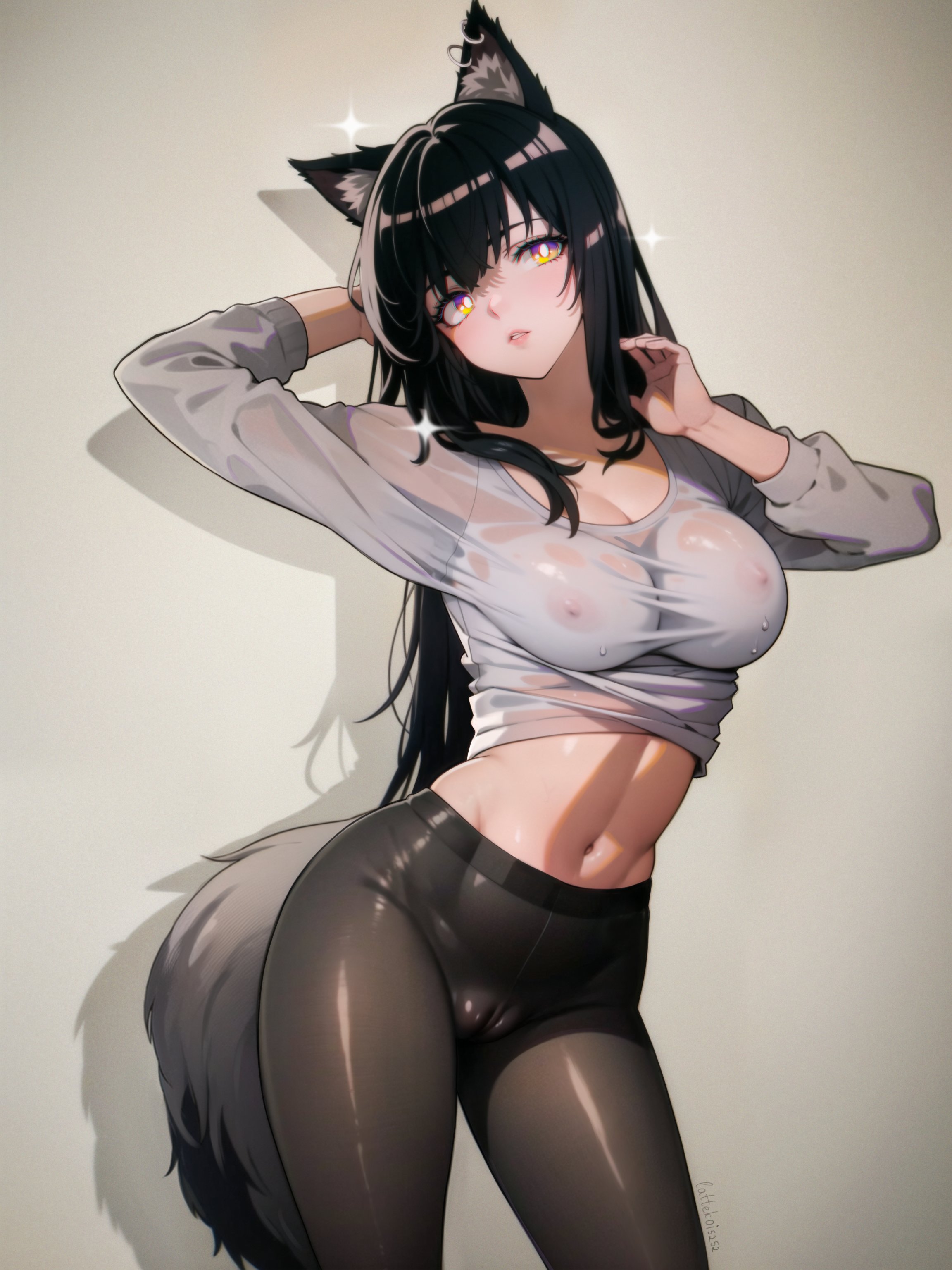 1girls, ai assisted, ai generated, animal ears, animal tail, arknights, big breasts, black hair, breasts, cameltoe, cleavage, ear piercing, female, female only, hair, hand behind head, head tilt, highres, kemonomimi, lattekoi5252, legwear, light skin, light-skinned female, long hair, looking at viewer, navel, nipples, nipples visible through clothing, no bra, pantyhose, pussy, see-through, see-through clothing, solo, standing, t-shirt, tail, texas (arknights), thighs, wardrobe malfunction, wet clothes, wet shirt, wolf girl