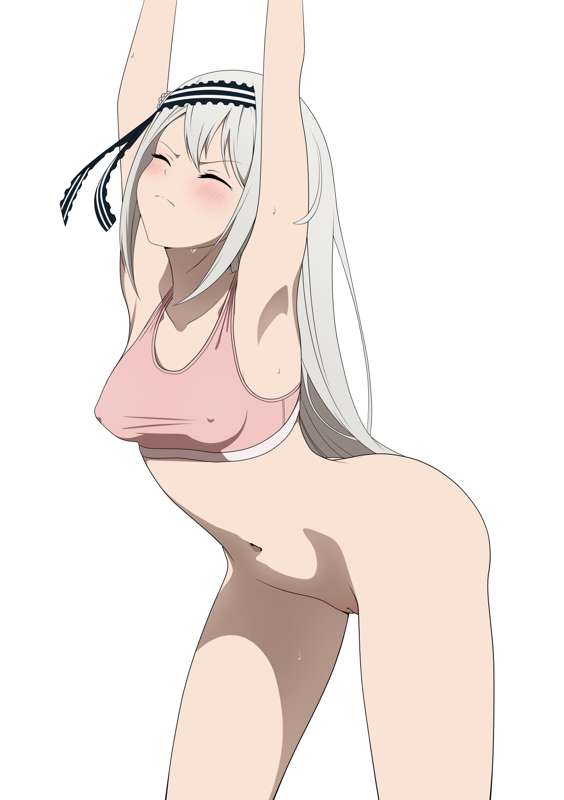 1girls accurate_art_style armpits arms_up blush bottomless bra closed_eyes coro_fae covered_nipples hair_ribbon kaguya-sama_wa_kokurasetai_~tensai-tachi_no_renai_zunousen~ long_hair no_panties no_pants official_style pussy shirogane_kei solo sports_bra stretching sweat uncensored white_hair