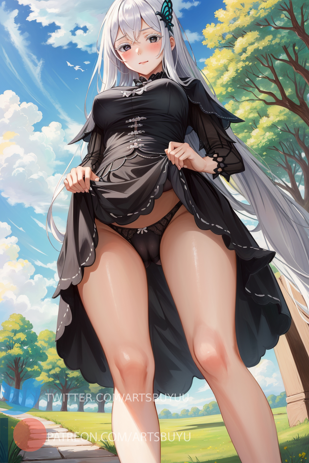 1girls, ai generated, bangs, black dress, black panties, blush, breasts, butterfly hair ornament, cameltoe, echidna (re:zero), embarrassed, female, from below, hair between eyes, hair ornament, hi res, long hair, looking at viewer, looking down, medium breasts, panties, purple eyes, pussy, re:zero kara hajimeru isekai seikatsu, see-through, skirt lift, stable diffusion, standing, upskirt, white hair