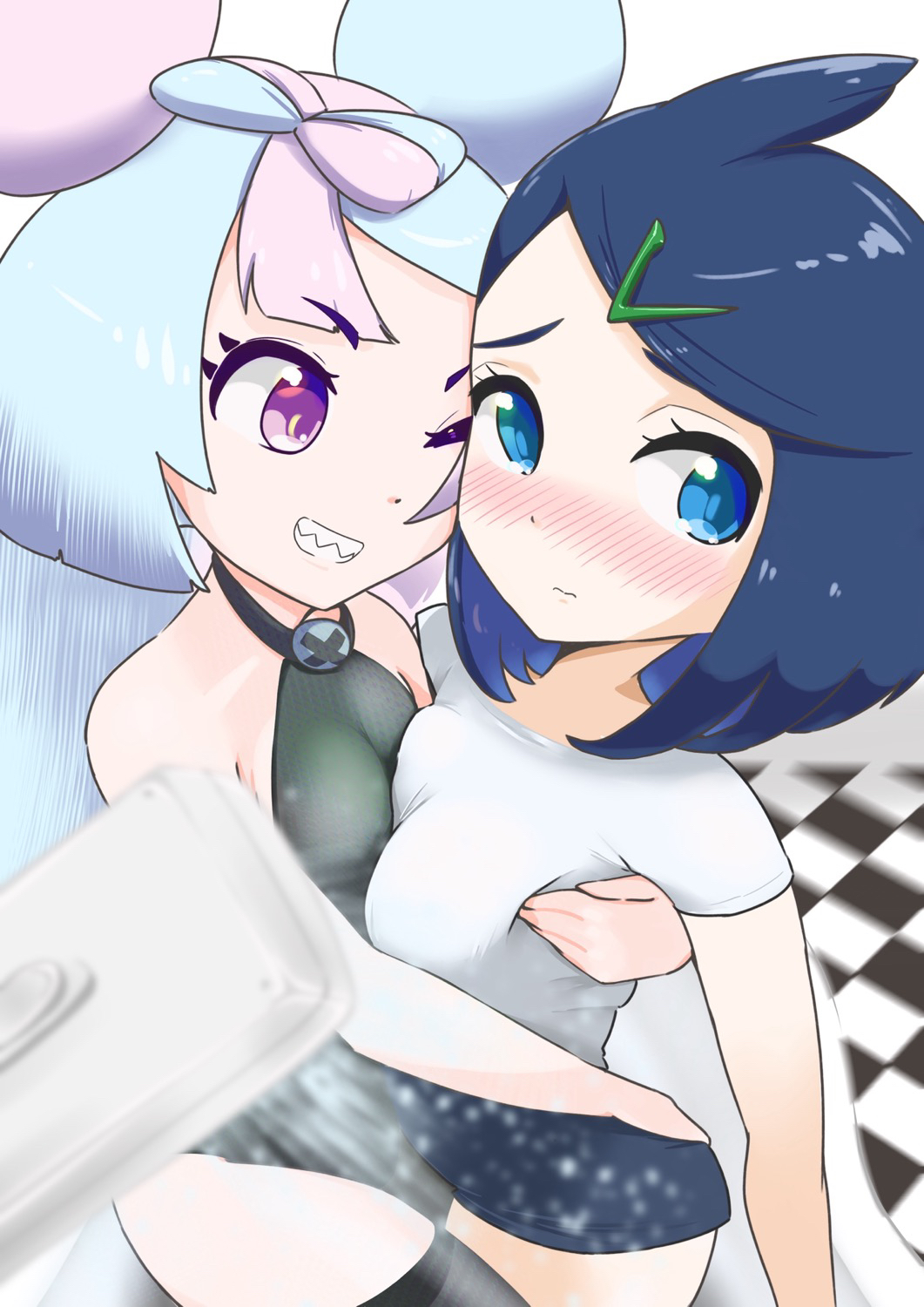 2girls black_thigh_highs black_thighhighs blue_eyes blue_hair blue_shorts blush bow bowtie breast_grab breast_play breast_press breasts checkered checkered_background checkered_floor collar creatures_(company) embarrassed female female_only game_freak groping groping_breasts groping_from_behind hair_between_eyes hair_ornament hair_pin hairbow hairpin hand_on_another's_ass hand_on_another's_breast hand_on_another's_chest hand_on_ass holding holding_another indoor indoors iono_(pokemon) leotard liko_(pokemon) long_hair looking_at_another looking_away looking_back looking_embarrased medium_breasts medium_hair microsd_(artist) multicolored_hair multiple_girls nanjamo_(pokemon) nintendo one-eye_closed one_eye_closed pink_hair pokemon pokemon_(anime) pokemon_(game) pokemon_horizons pokemon_journeys pokemon_sv see-through see-through_clothing see_through see_through_clothing sharp_teeth shirt short_sleeves shorts shower shower_head shower_room showering simple_background small_breasts smile t-shirt thigh_highs thighhighs thighs tile_floor tiles two-tone_hair two_tone_hair very_long_hair water wet wet_clothes wet_shirt white_background white_shirt wink yuri