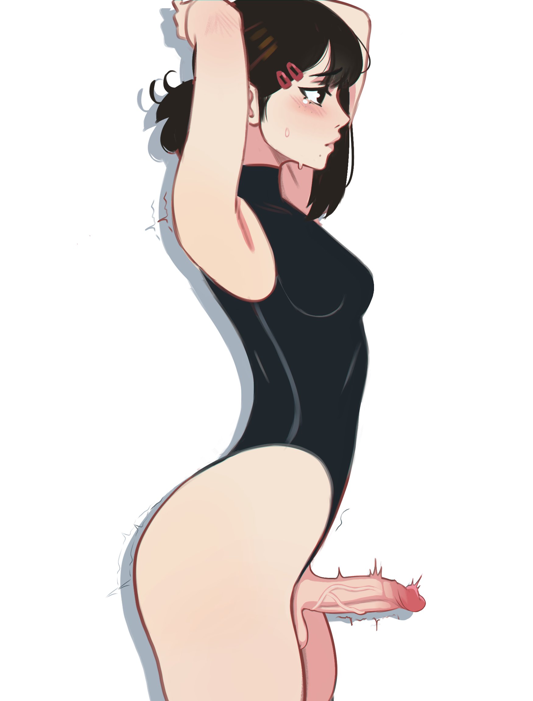 1futa, arms behind head, arms up, balls, bottomless, breasts, brown hair, chainsaw man, clothed, clothing, erection, futa only, futanari, higashiyama kobeni, human, intersex, leotard, light skin, light-skinned futa, partially clothed, penis, pual, short hair, solo, standing, uncensored
