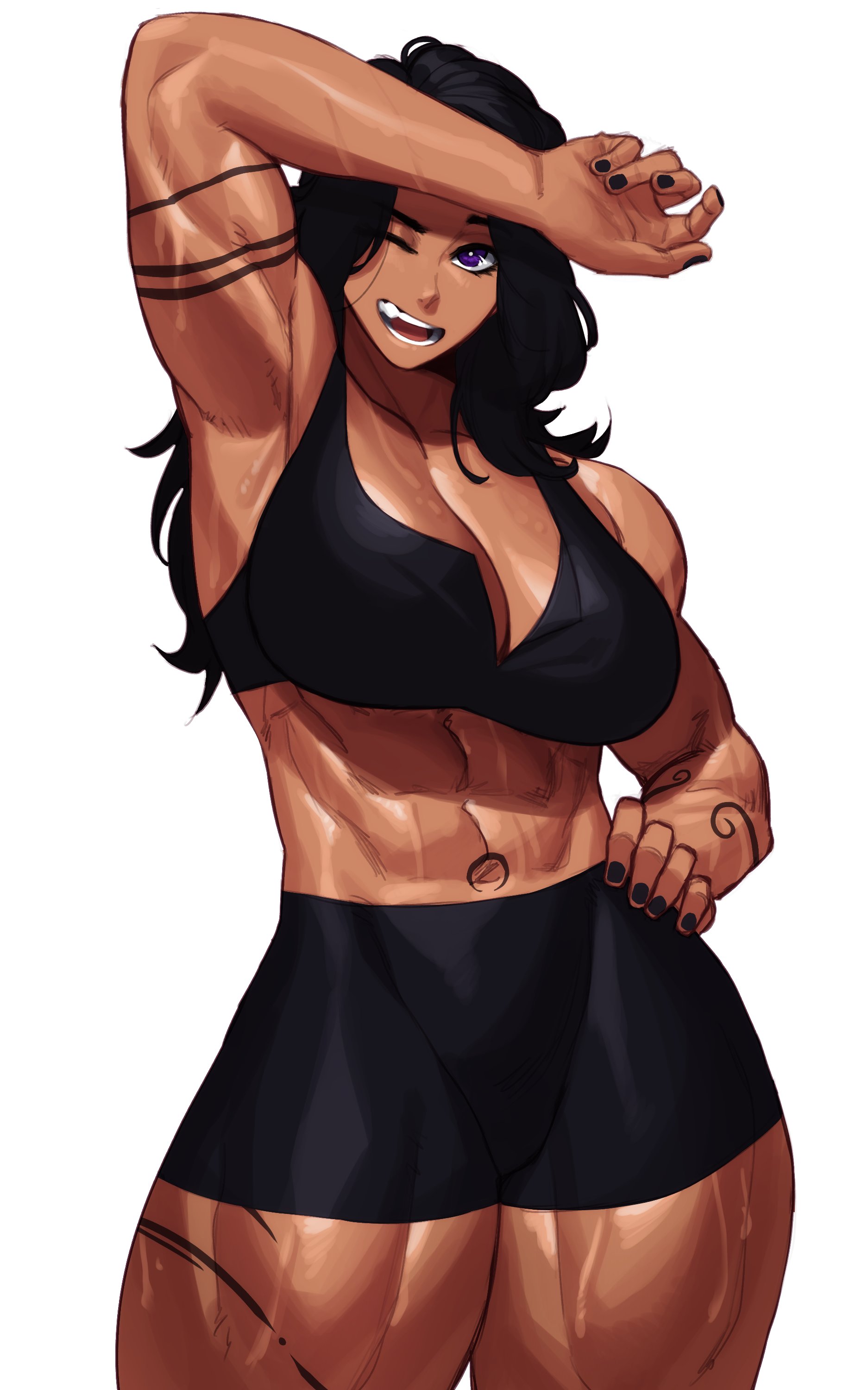 1girls, armpits, black hair, black nails, body markings, cleavage, commission, dark skin, dark-skinned female, female, midriff, muscular, muscular female, nail polish, navel, one eye closed, open mouth, original, purple eyes, smile, solo, sotcho, sweat, thick thighs