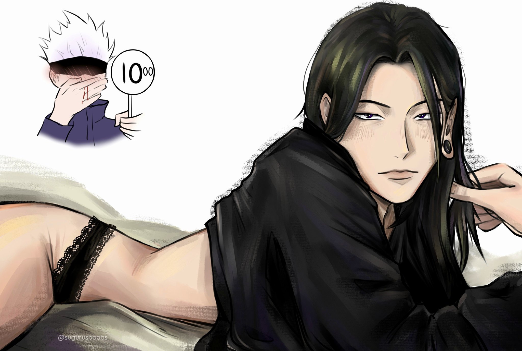 2boys, ass, black hair, blush, clothing, color, earrings, femboy, jujutsu kaisen, lingerie, long hair, male, satoru gojo, suguru geto, yaoi