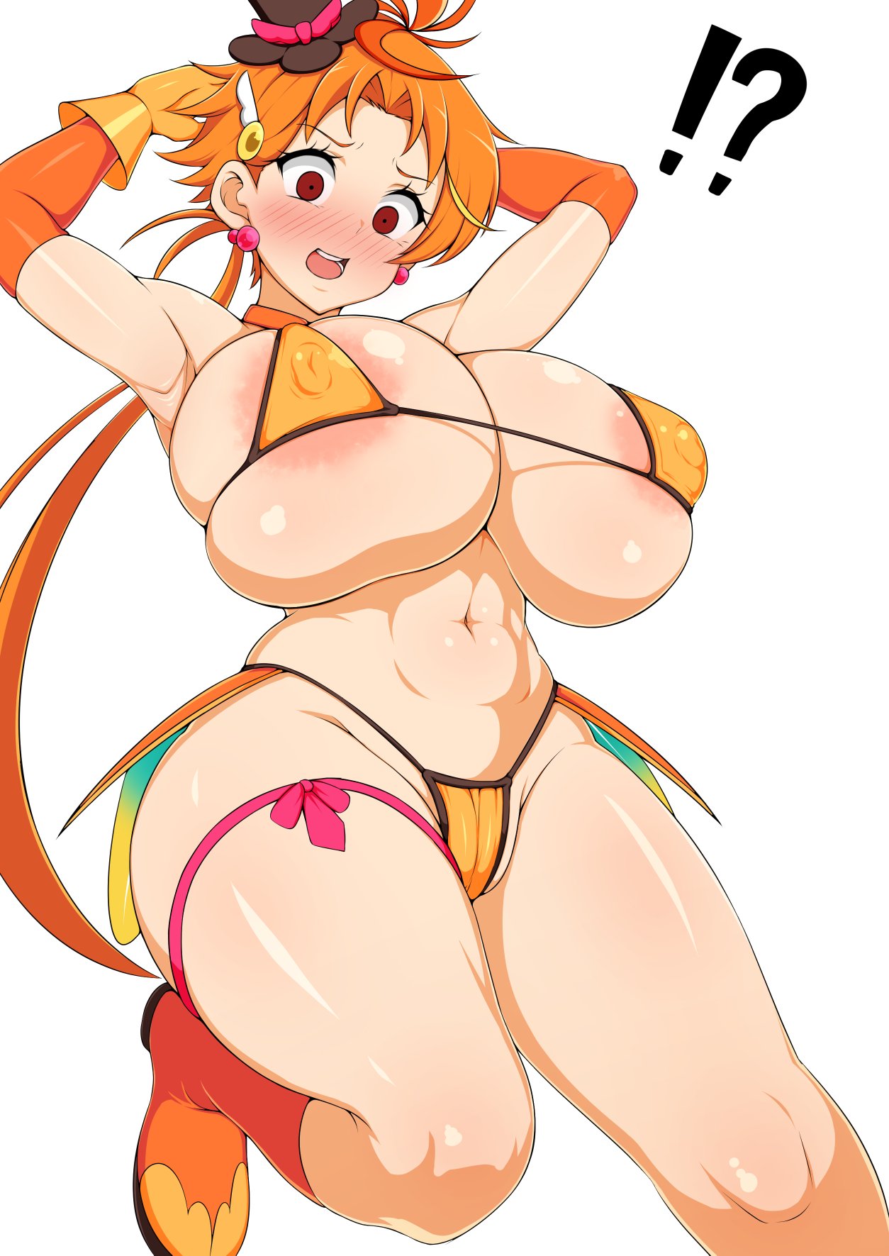 !? alternate_body_type alternate_breast_size areola_slip armpits arms_behind_head blush camel_toe cure_wing expansion genderswap genderswap_(mtf) gigantic_breasts hirogaru_sky!_precure huge_breasts jabara_tornado large_breasts magical_girl micro_bikini nipple_bulge nose_blush precure pretty_cure shocked skindentation slender_waist swimsuit thick_thighs tummy wide_hips yuunagi_tsubasa