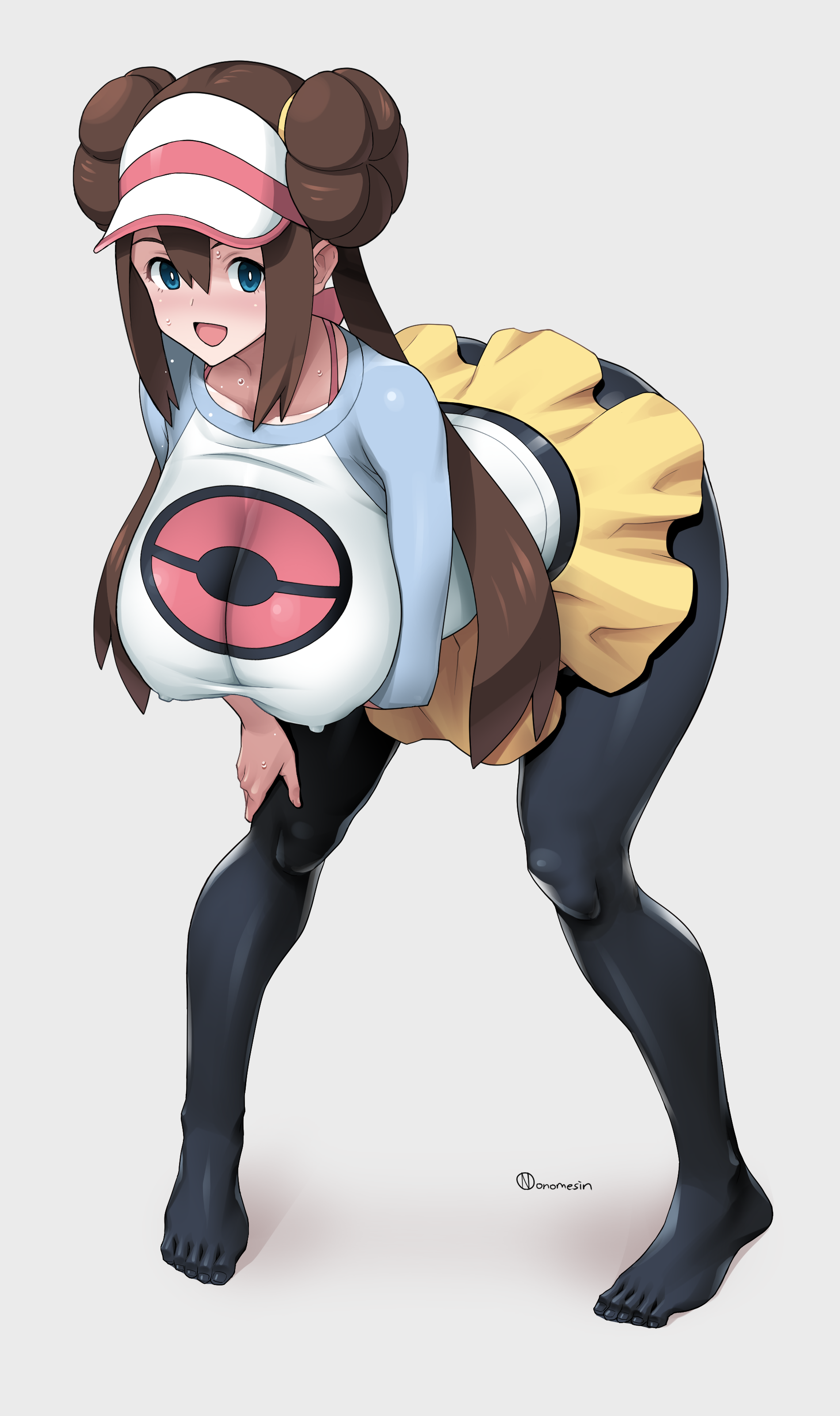 1girls, breasts, brown hair, clothed, female, hi res, huge breasts, large breasts, leaning forward, light skin, light-skinned female, long hair, naughty face, nintendo, onomeshin, pigeon-toed, pokemon, pokemon bw2, rosa (pokemon), smile, thick thighs, twin buns, twintails, wide hips