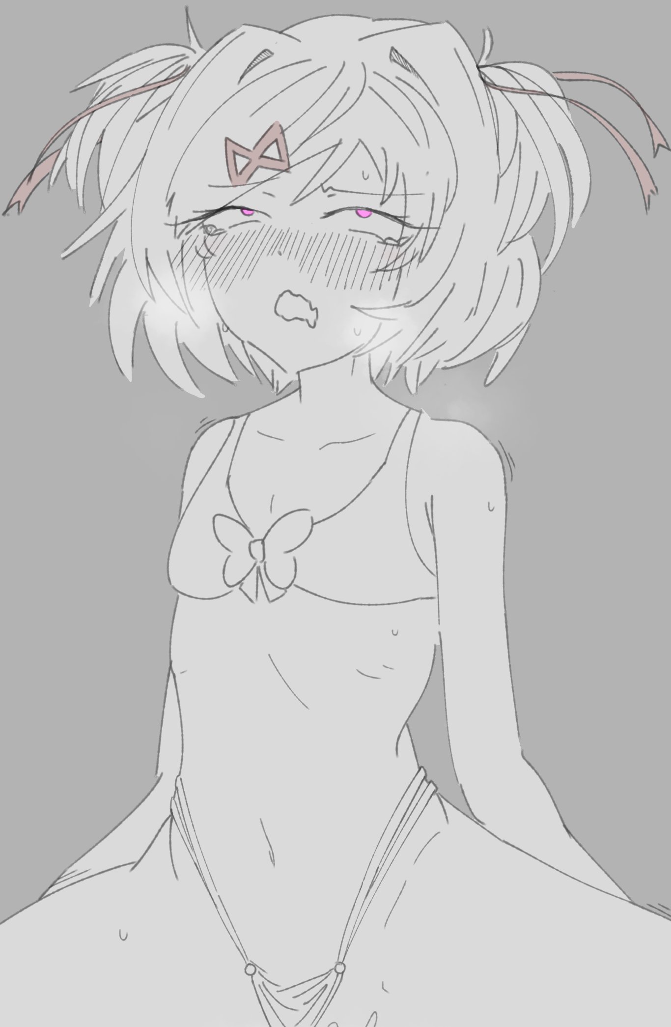 1girls, bare shoulders, colored eyes, commission, commission art, doki doki literature club, exspiravitbag, female, hair intakes, motion lines, natsuki (doki doki literature club), pink eyes
